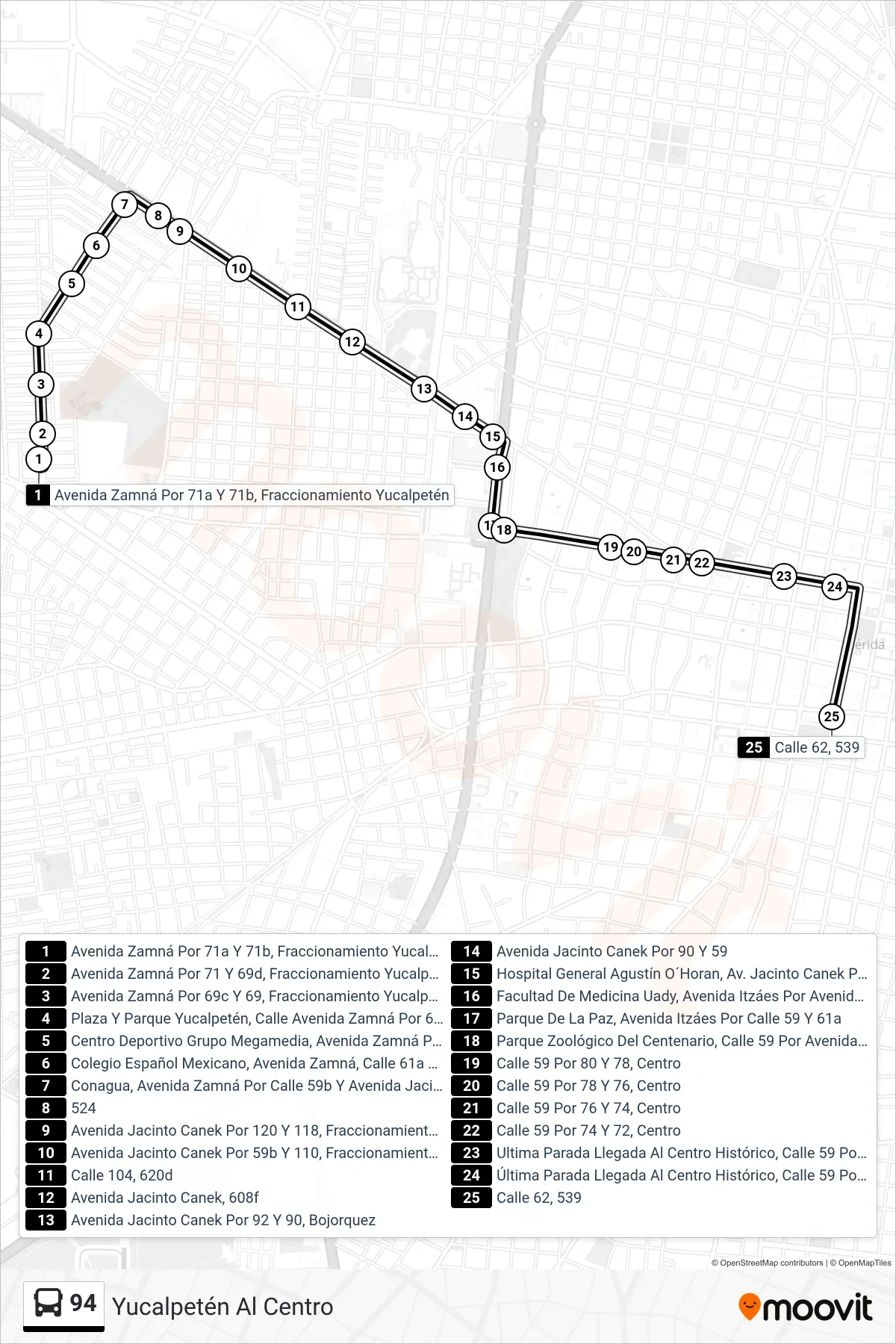 94 bus Line (Yucalpetén Al Centro) route and stops on a map