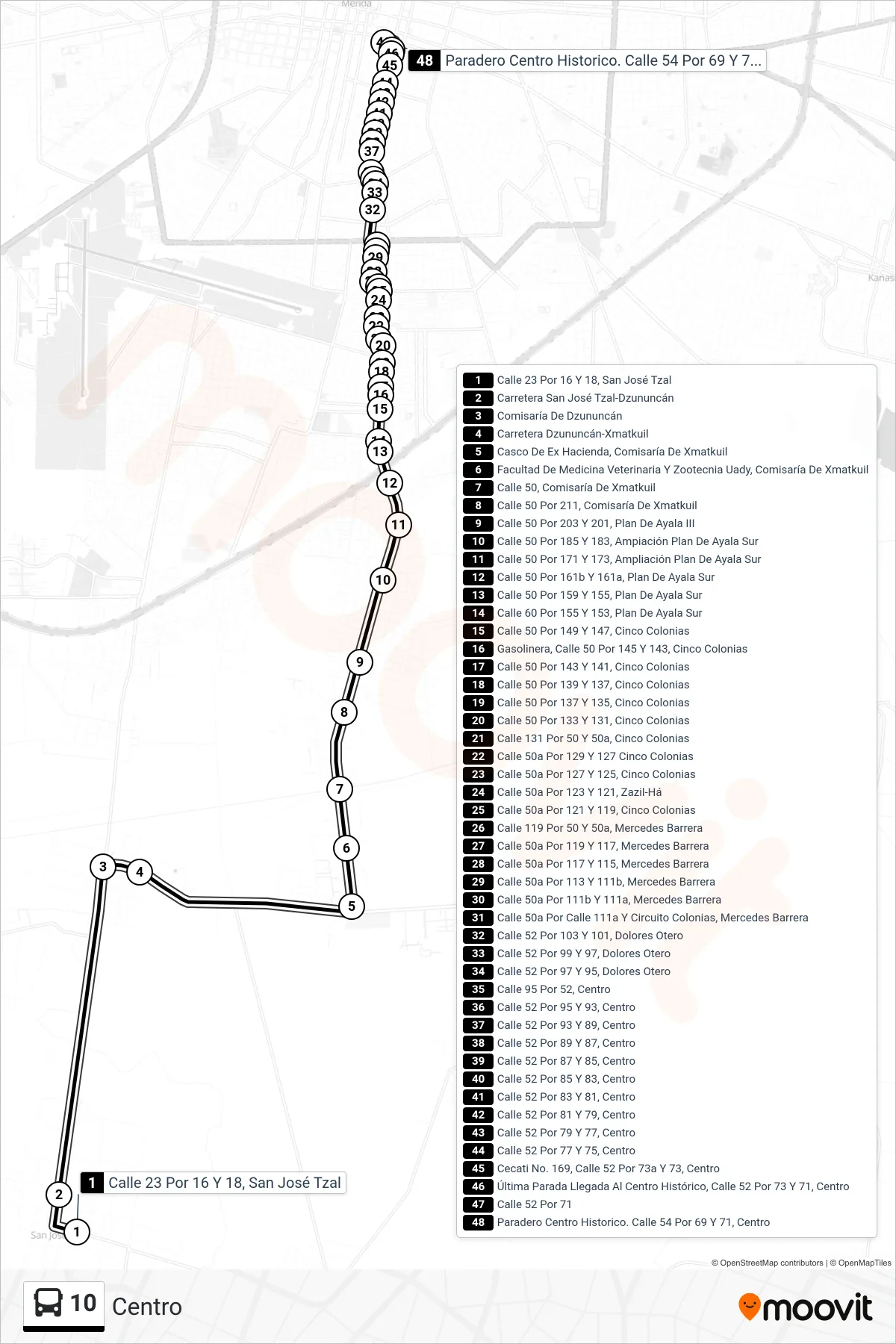 10 bus Line (Centro) route and stops on a map