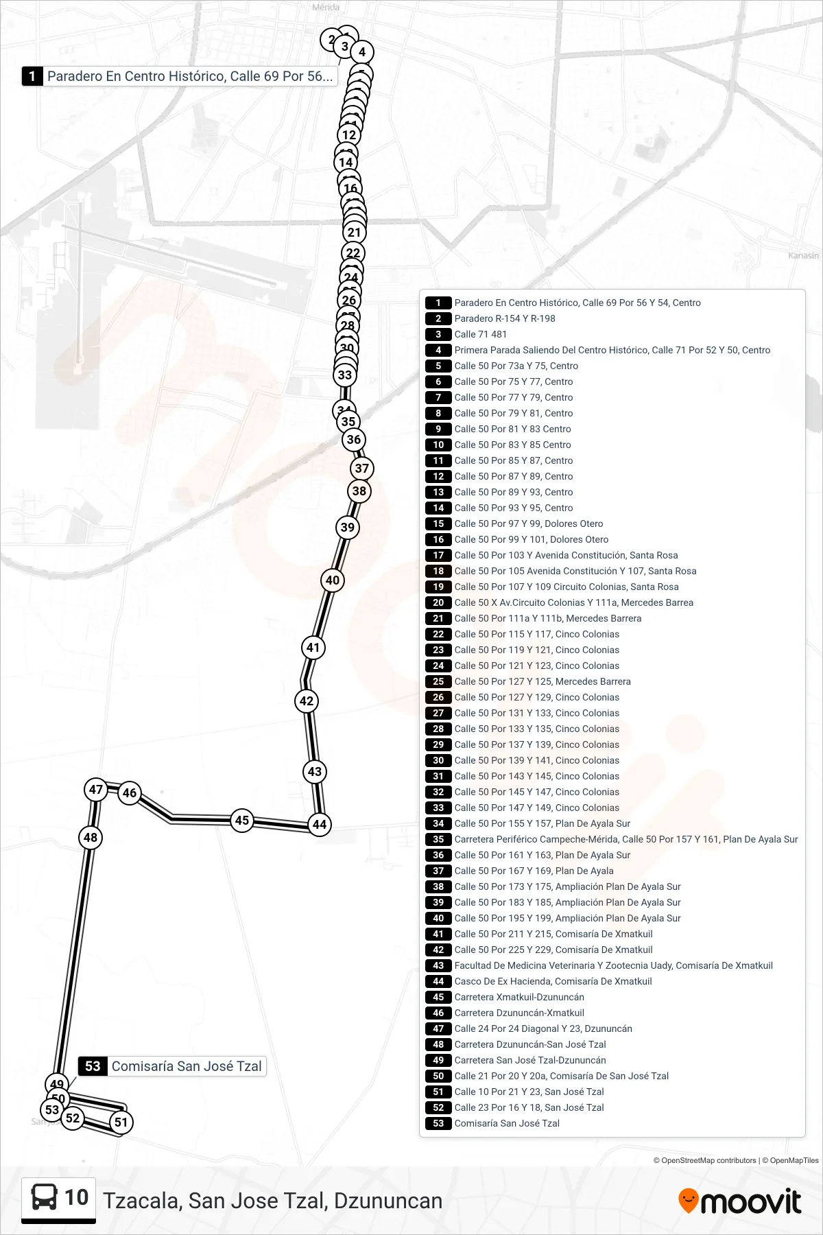 10 bus Line (Tzacala, San Jose Tzal, Dzununcan) route and stops on a map
