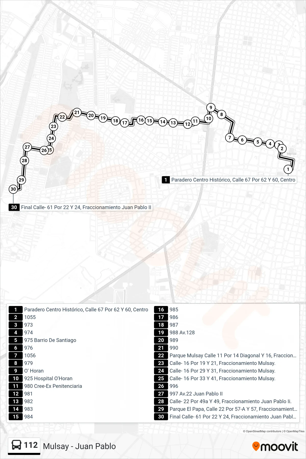112 bus Line (Mulsay - Juan Pablo) route and stops on a map