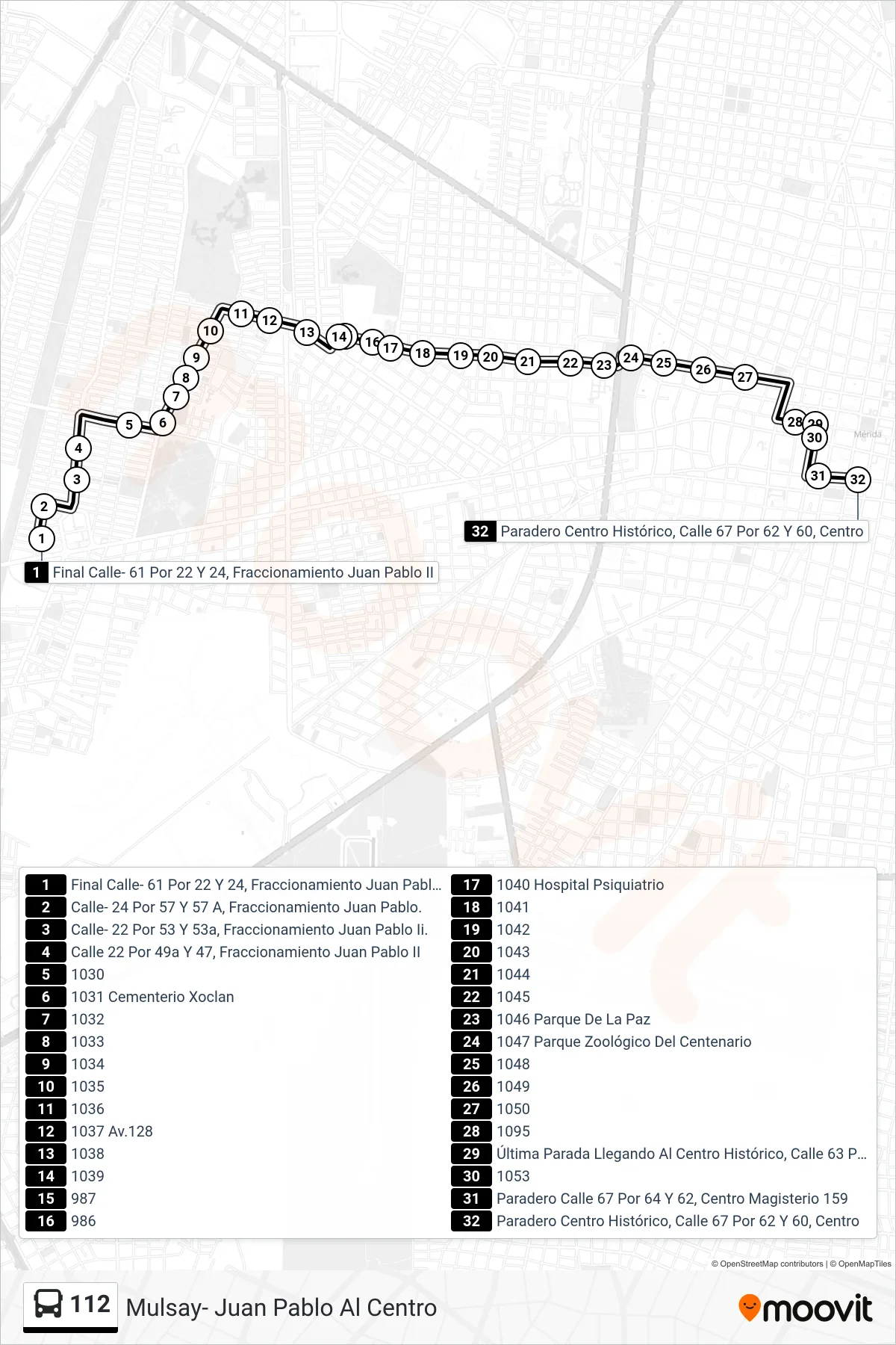 112 bus Line (Mulsay- Juan Pablo Al Centro) route and stops on a map