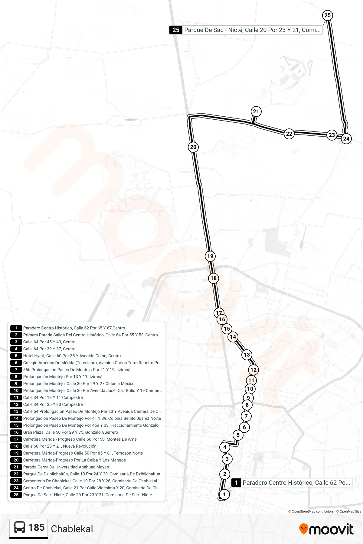 185 bus Line (Chablekal) route and stops on a map