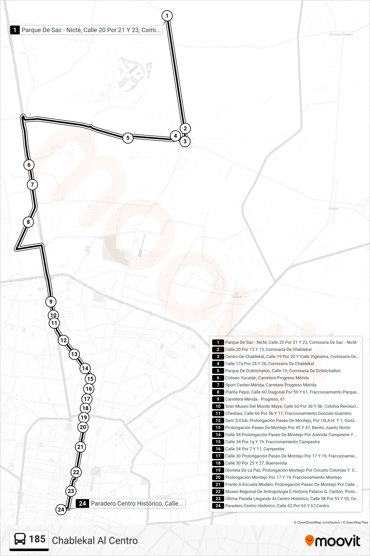 185 bus Line (Chablekal Al Centro) route and stops on a map