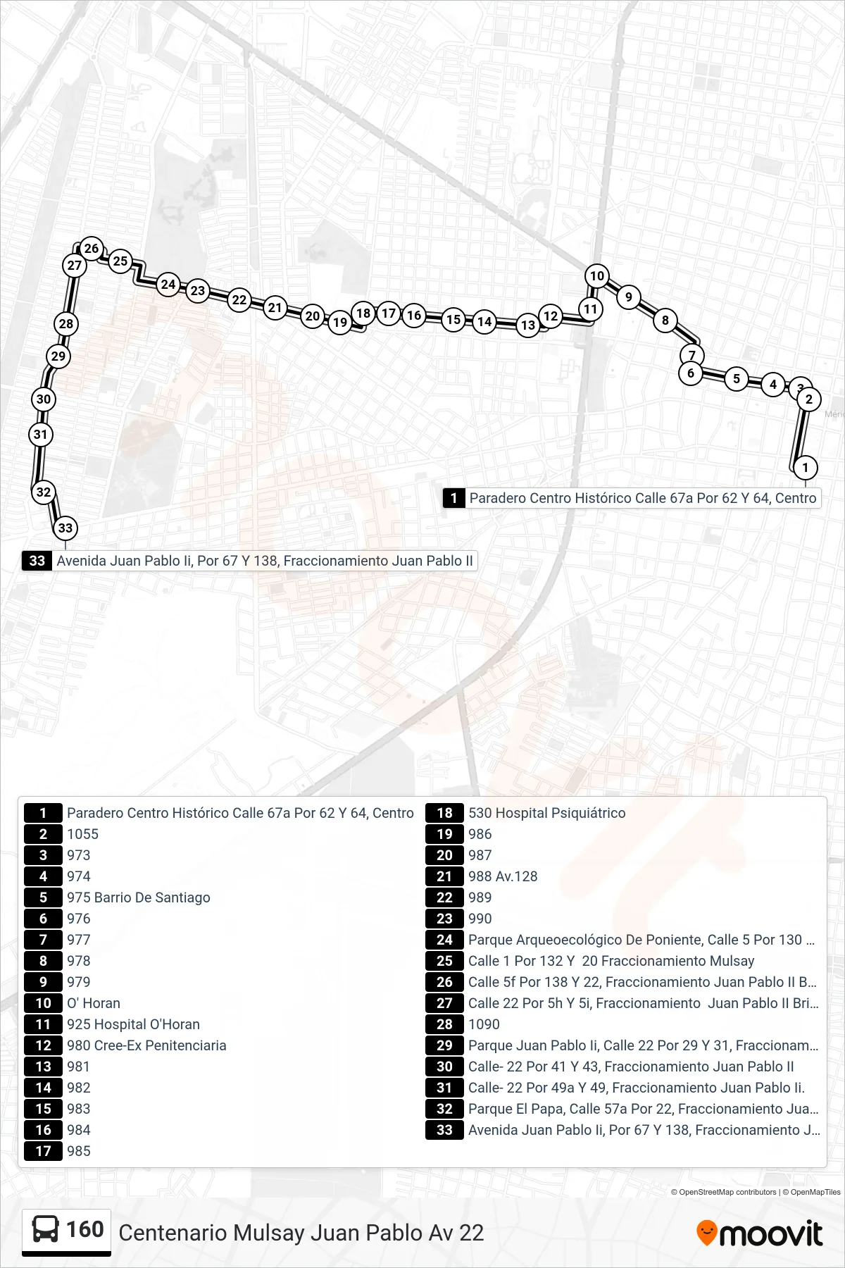 160 bus Line (Centenario Mulsay Juan Pablo Av 22) route and stops on a map