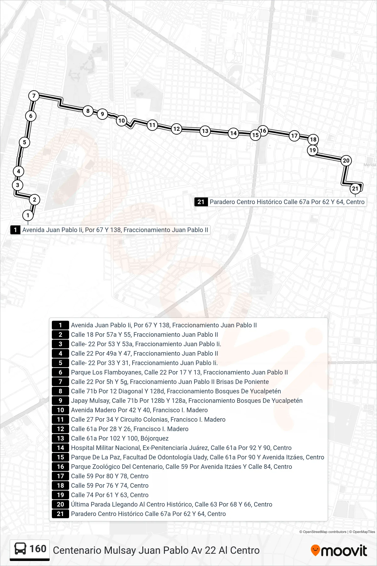 160 bus Line (Centenario Mulsay Juan Pablo Av 22 Al Centro) route and stops on a map