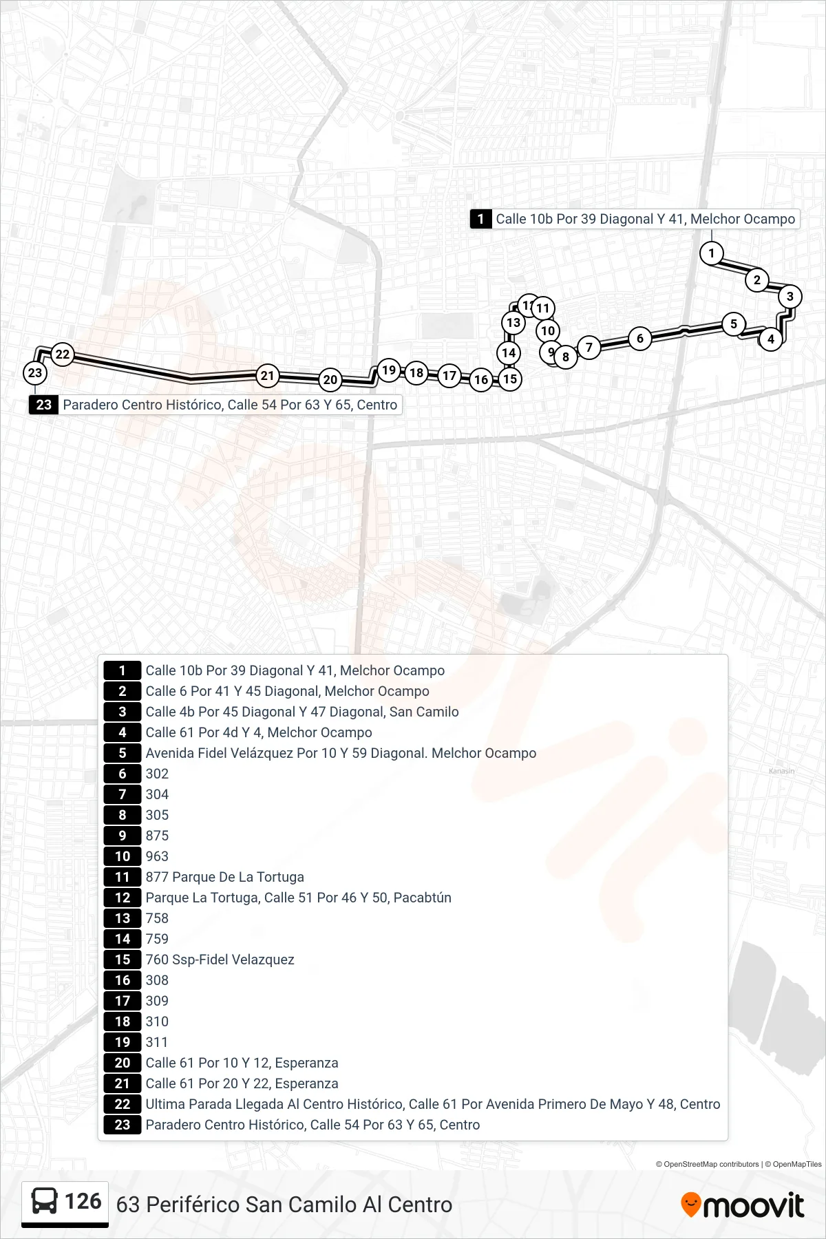126 bus Line (63 Periférico San Camilo Al Centro) route and stops on a map