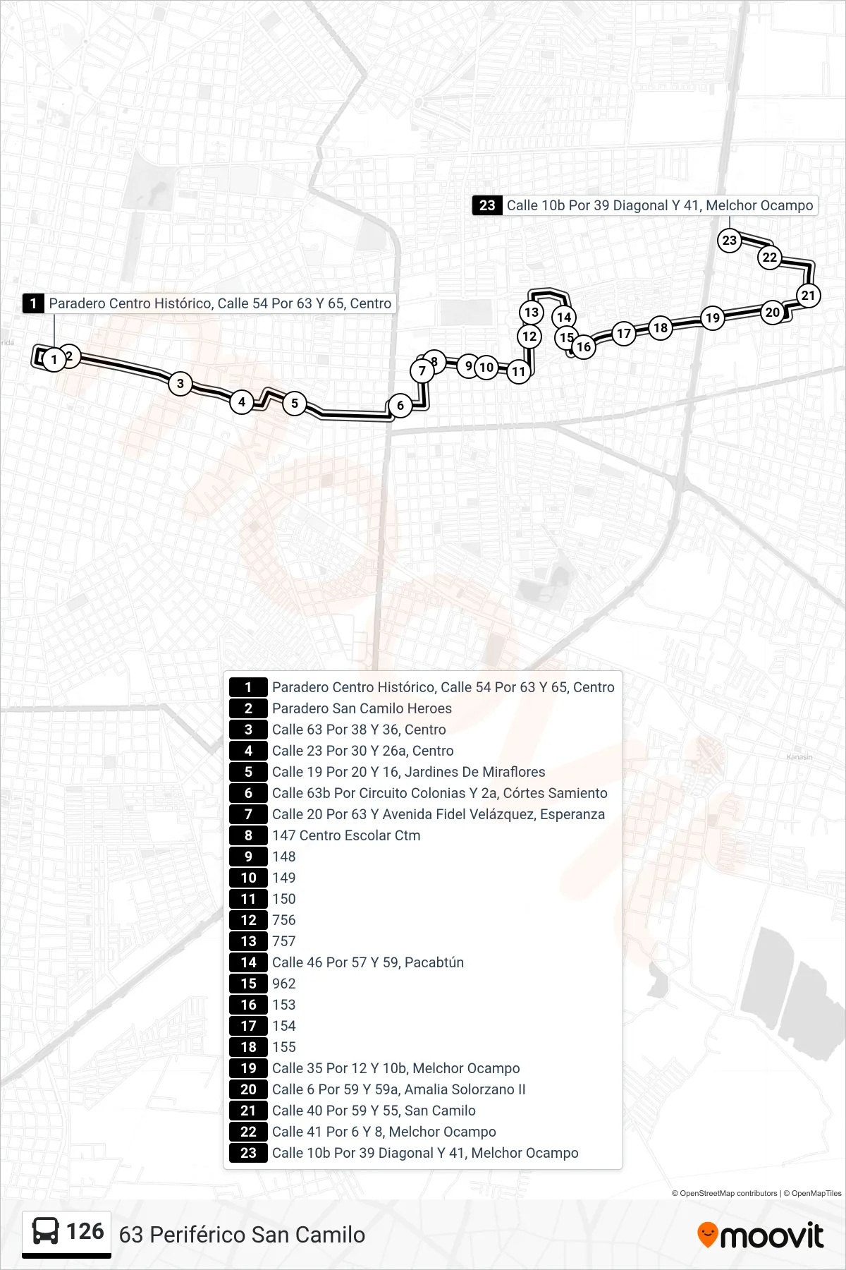 126 bus Line (63 Periférico San Camilo) route and stops on a map