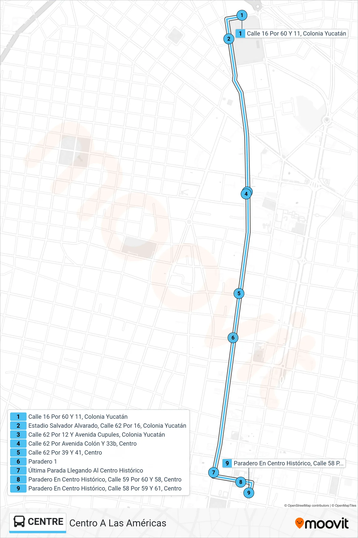 Recorrido y paradas de la línea CENTRE de autobús (Centro A Las Américas) en el mapa