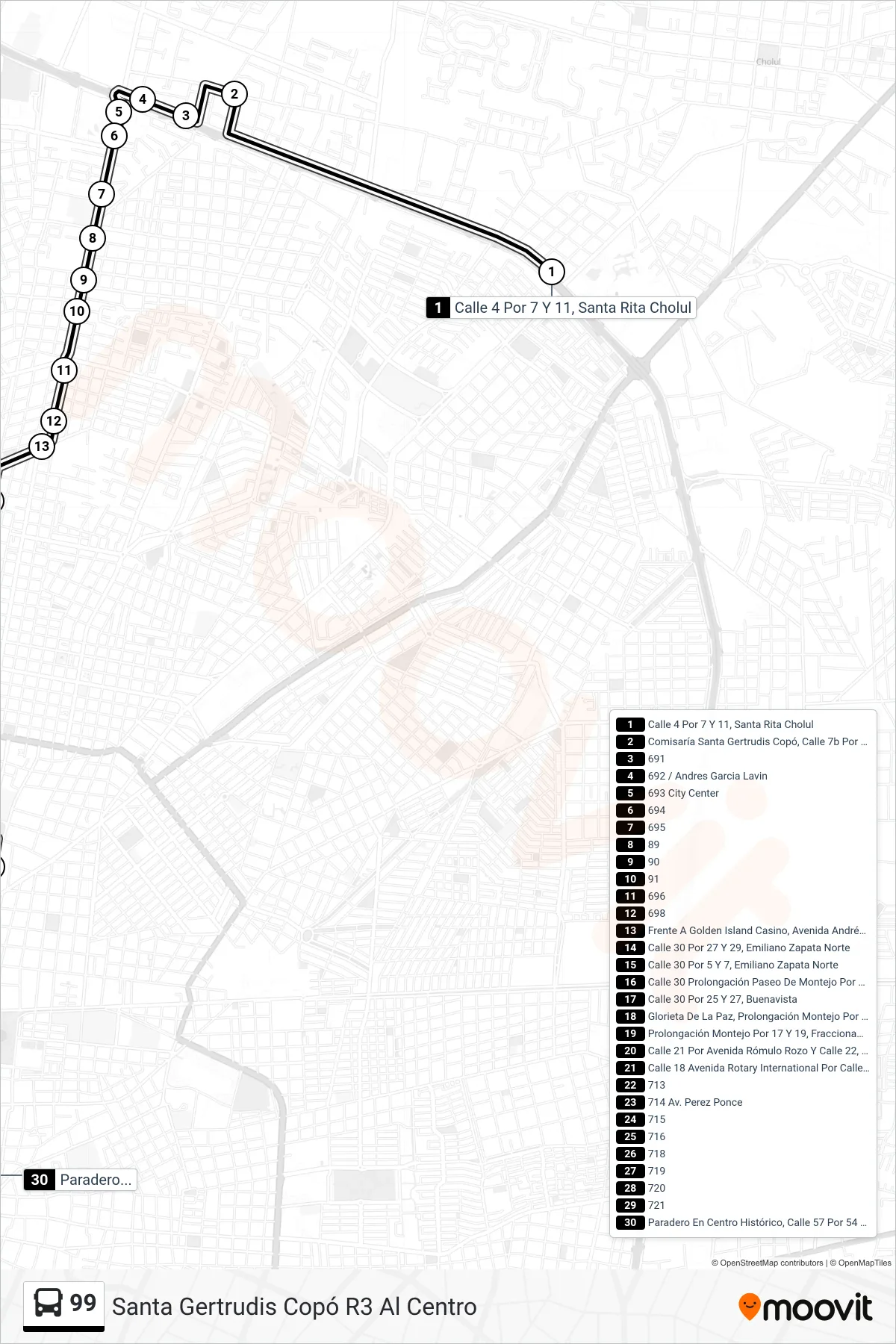 99 bus Line (Santa Gertrudis Copó R3 Al Centro) route and stops on a map