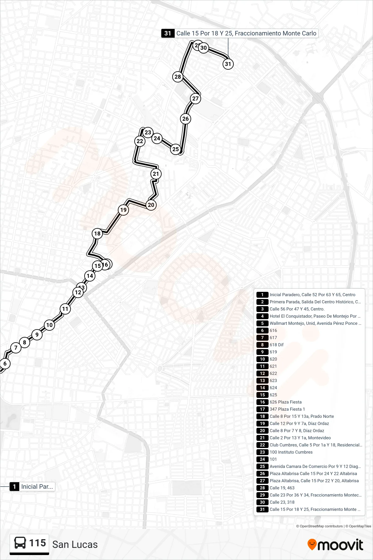 115 bus Line (San Lucas) route and stops on a map
