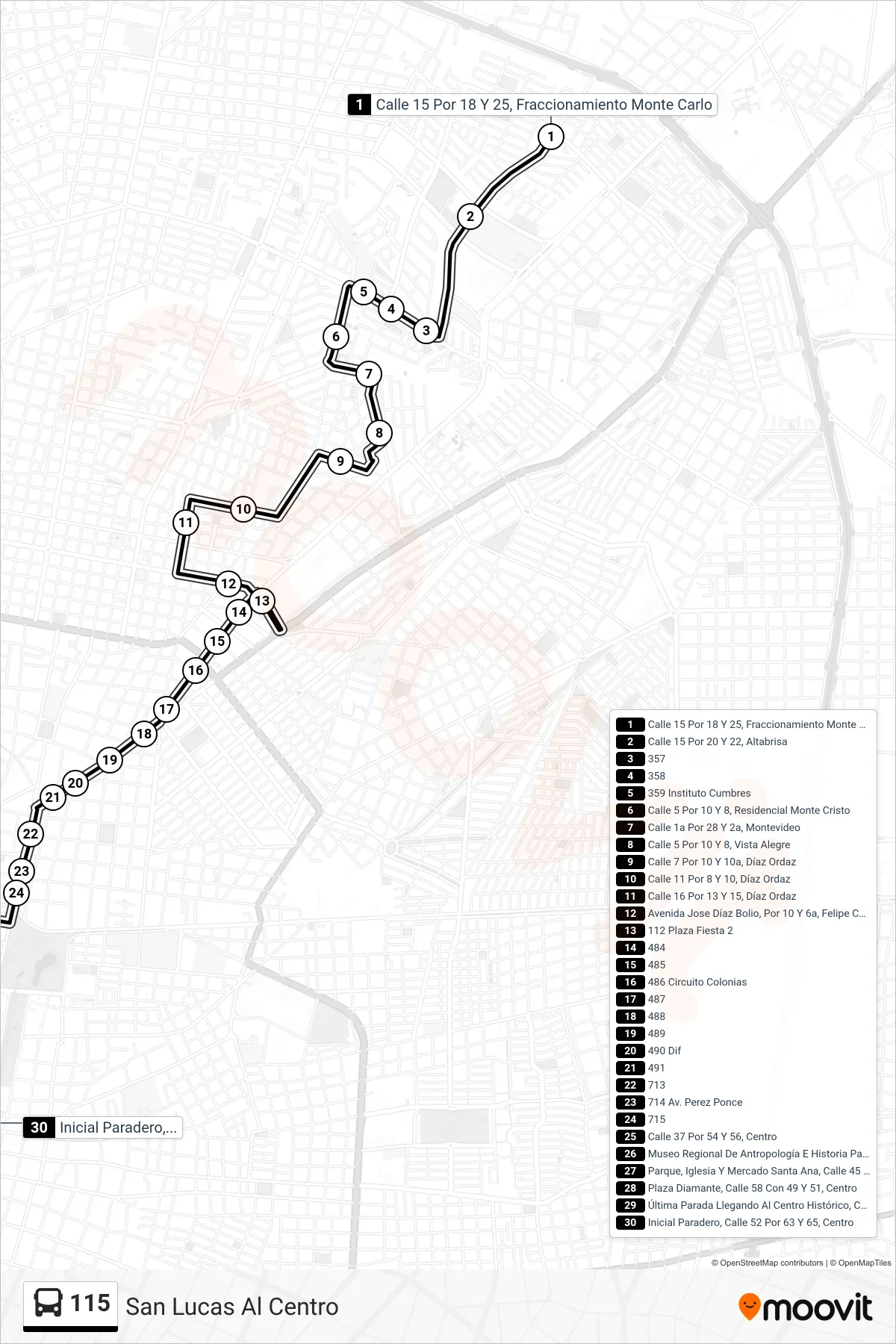 115 bus Line (San Lucas Al Centro) route and stops on a map