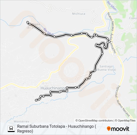 Mapa de RUTA SUBURBANA TOTOLAPA - HUAUCHINANGO de autobús