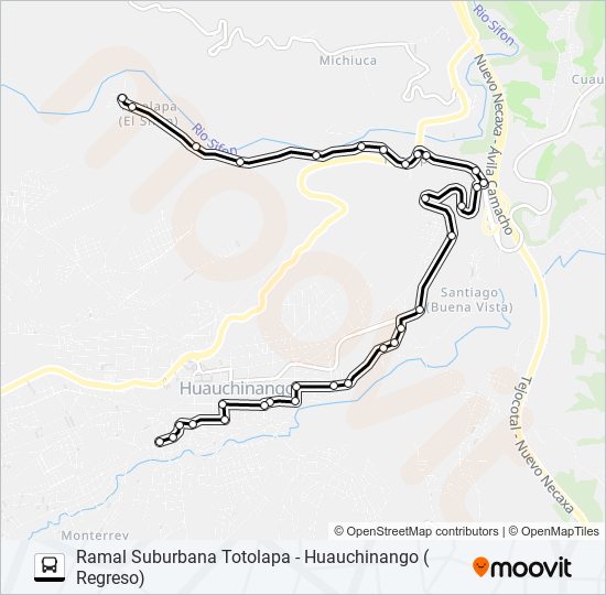 Mapa de RUTA SUBURBANA TOTOLAPA - HUAUCHINANGO de autobús