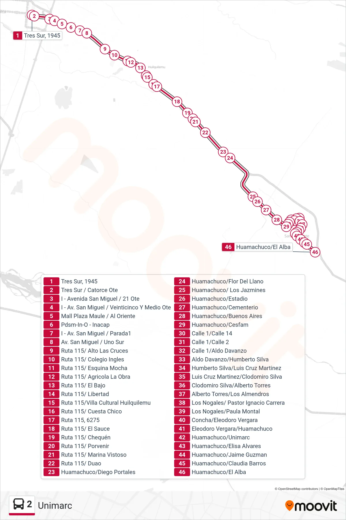 2 bus Line (Unimarc) route and stops on a map