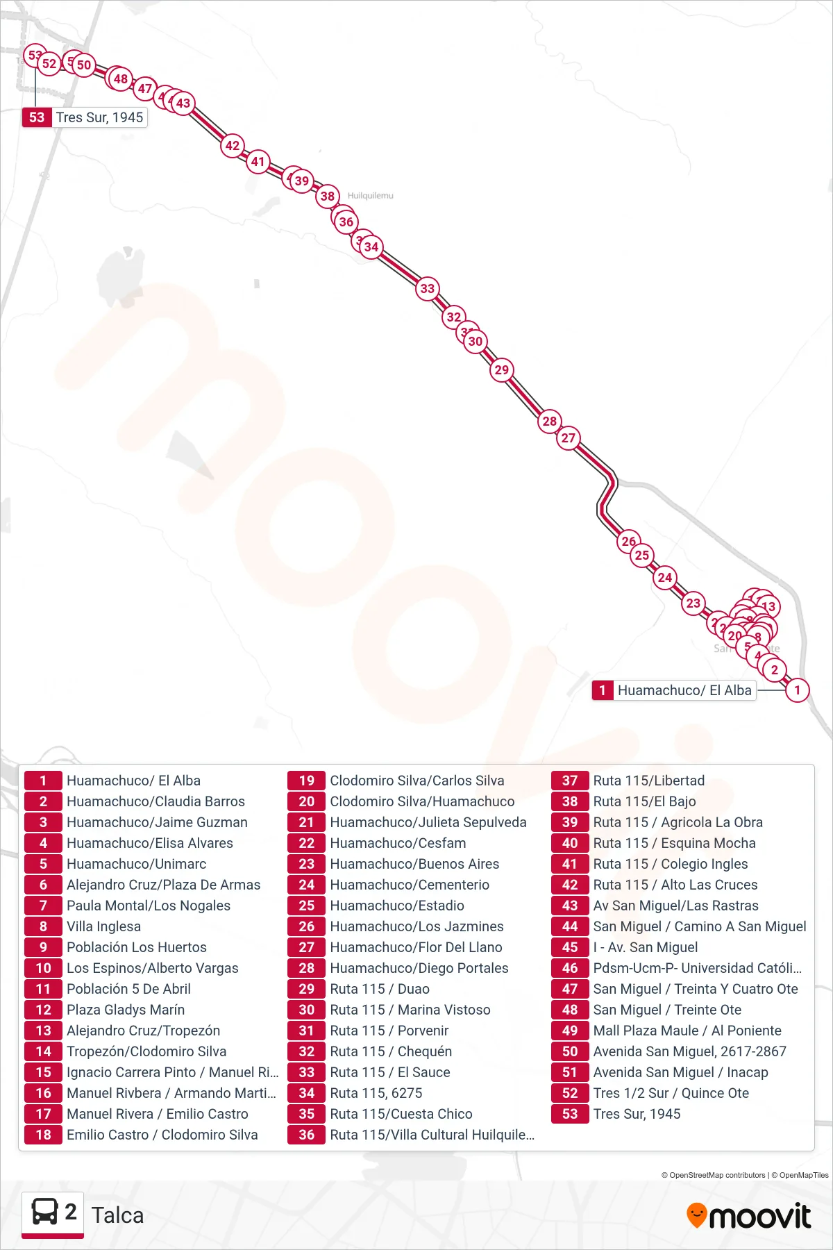 2 bus Line (Talca) route and stops on a map