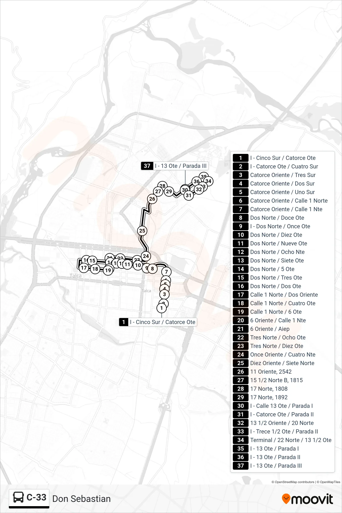 C-33 bus Line (Don Sebastian) route and stops on a map