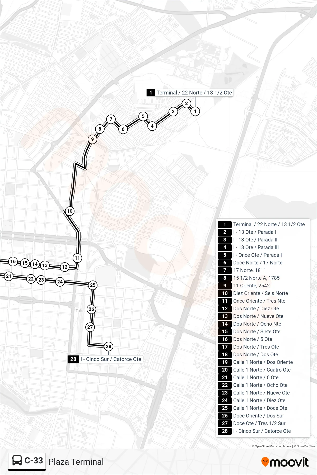 C-33 bus Line (Plaza Terminal) route and stops on a map
