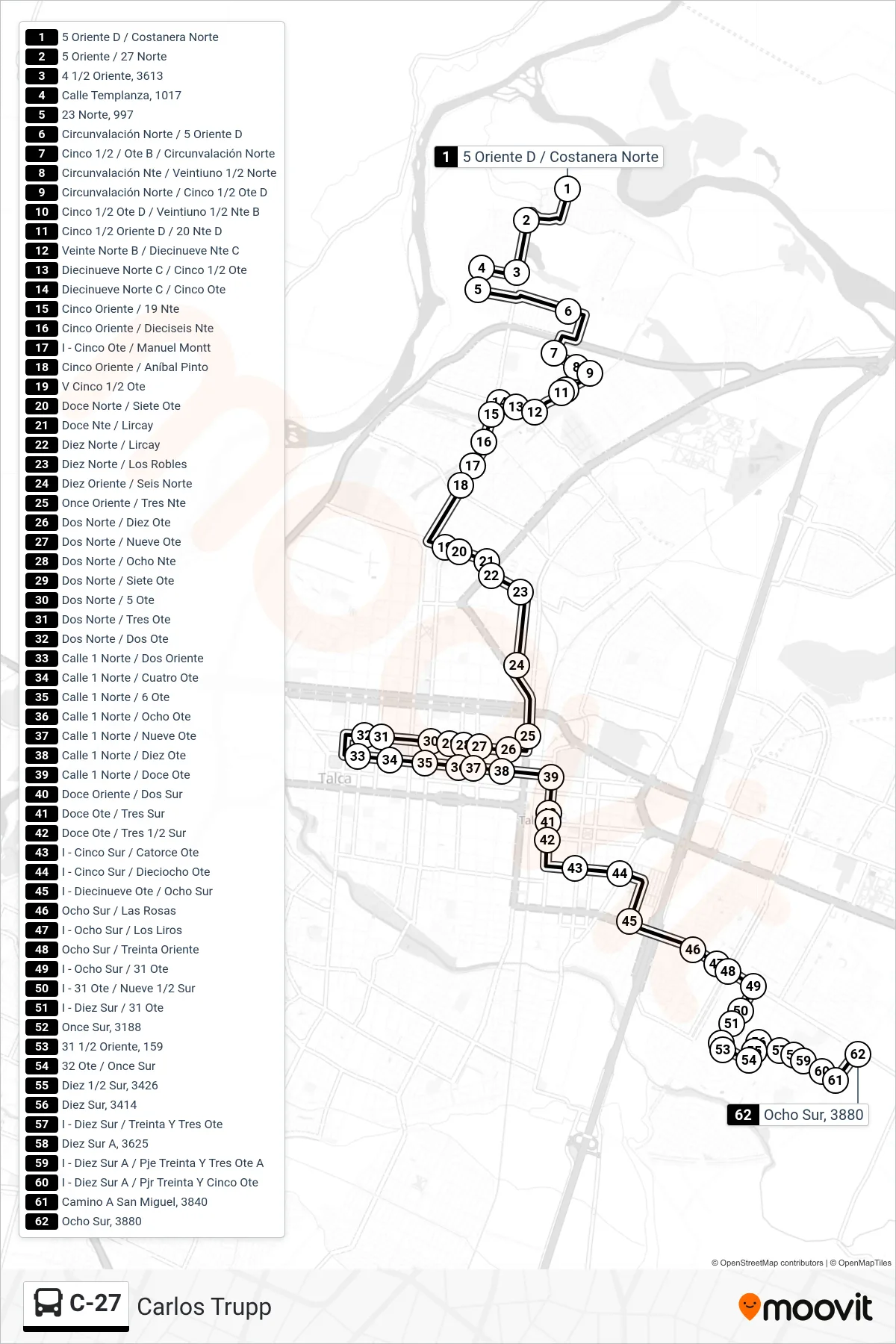 C-27 bus Line (Carlos Trupp) route and stops on a map