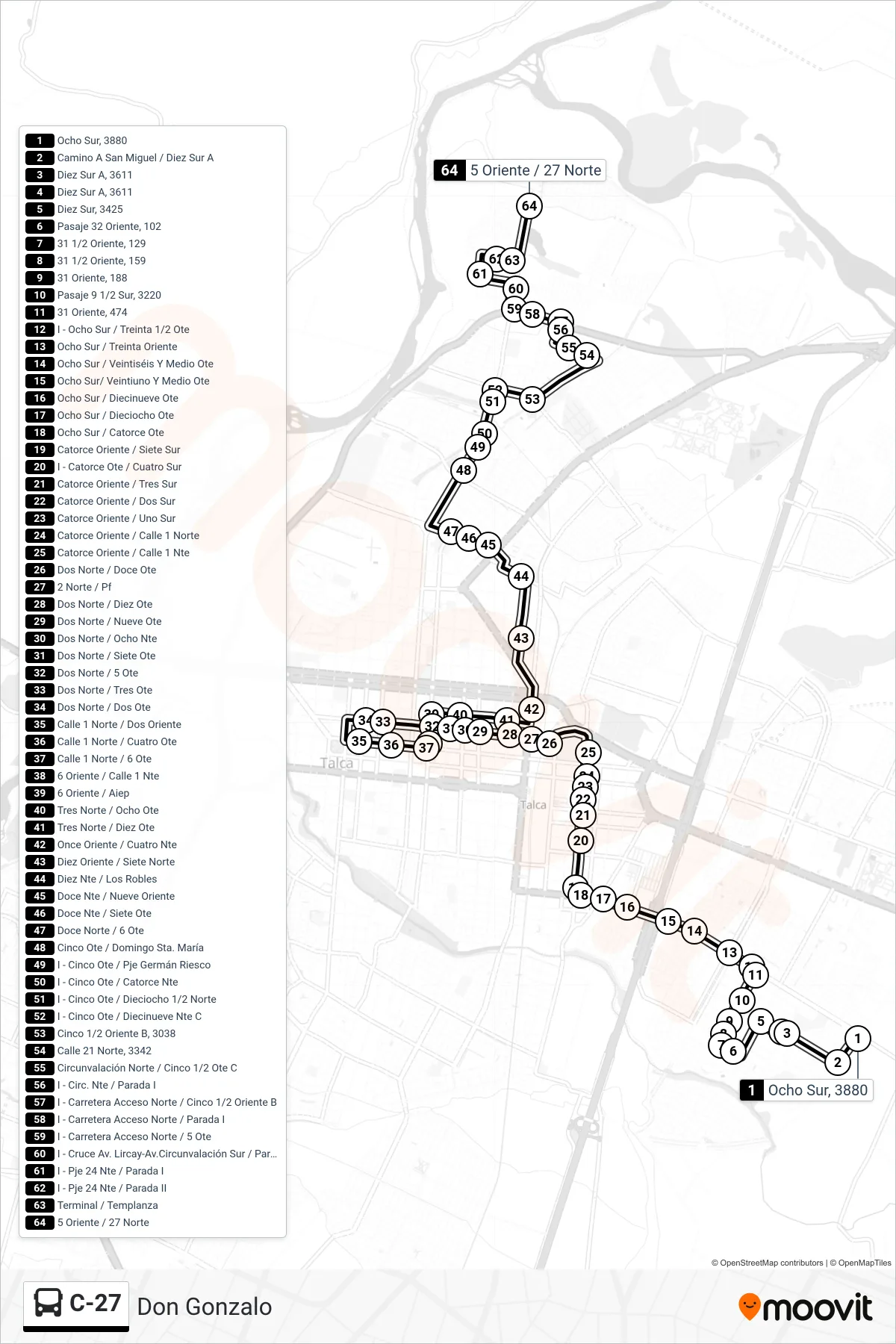 C-27 bus Line (Don Gonzalo) route and stops on a map