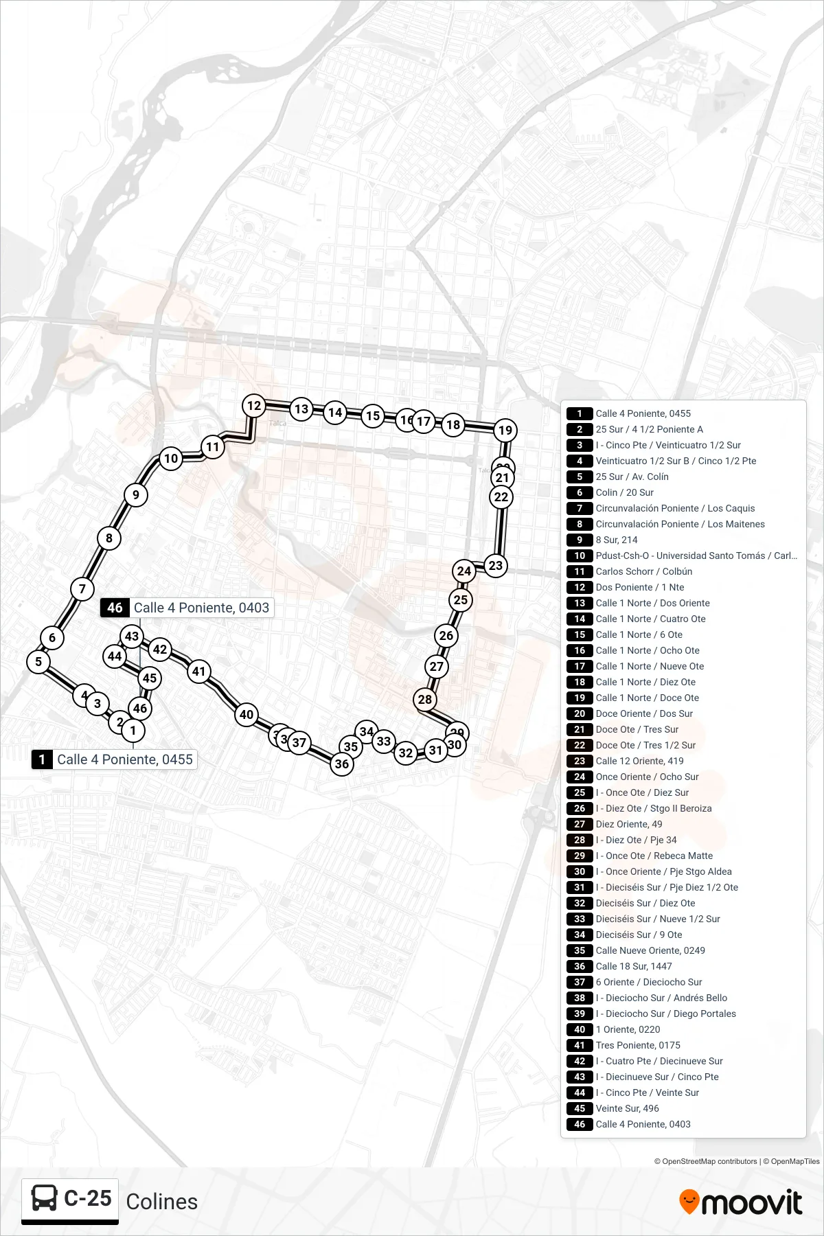 C-25 bus Line (Colines) route and stops on a map