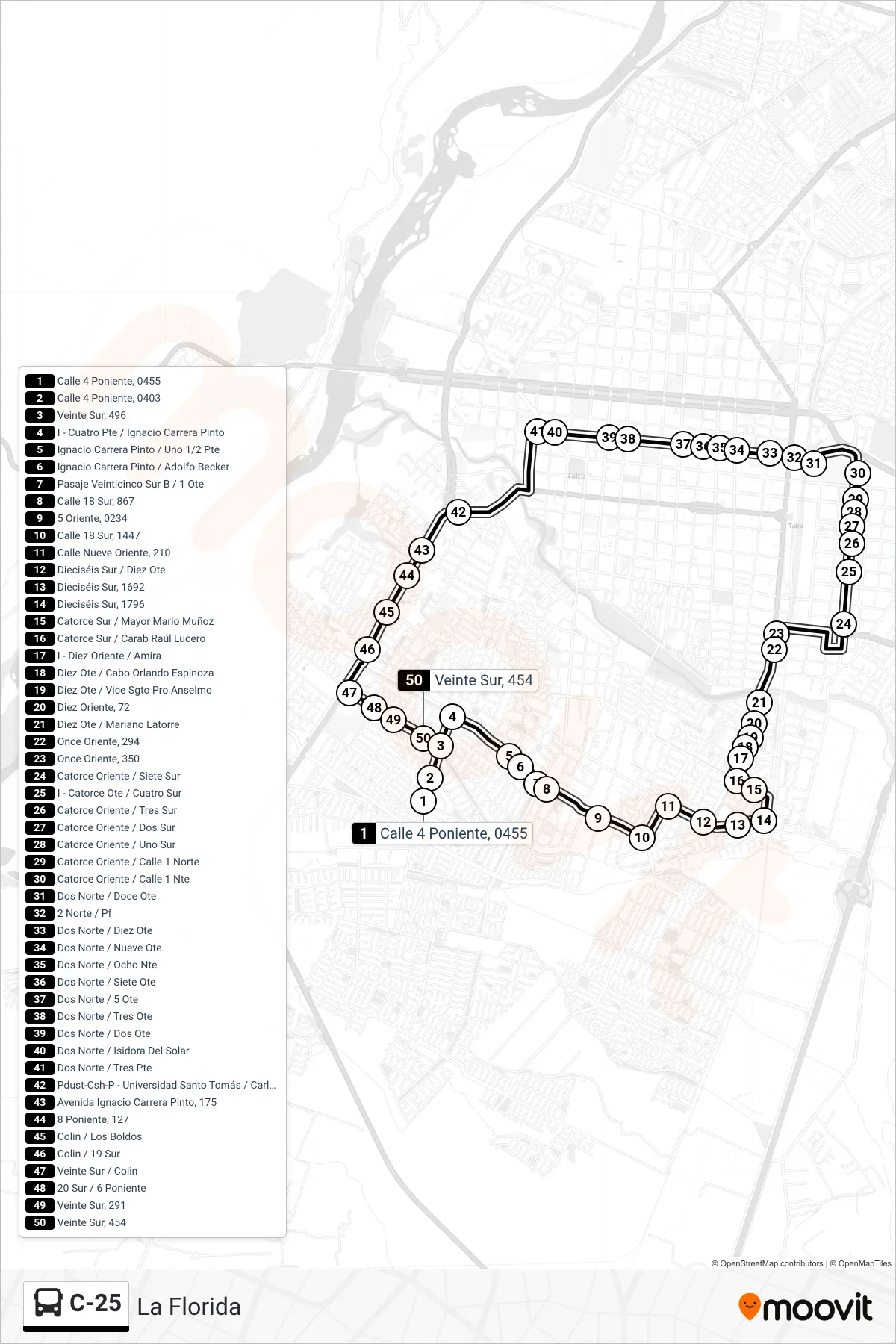 C-25 bus Line (La Florida) route and stops on a map