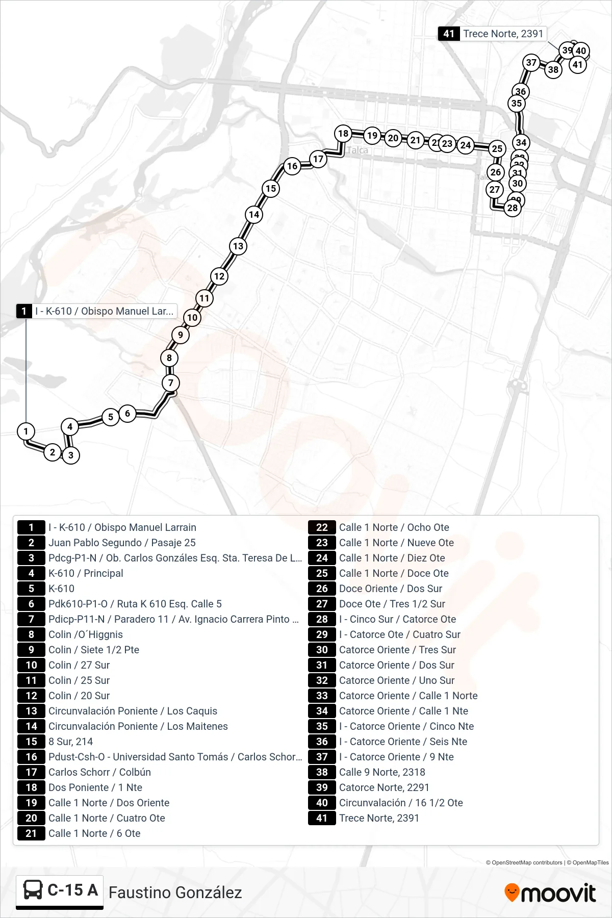 C-15 A bus Line (Faustino González) route and stops on a map