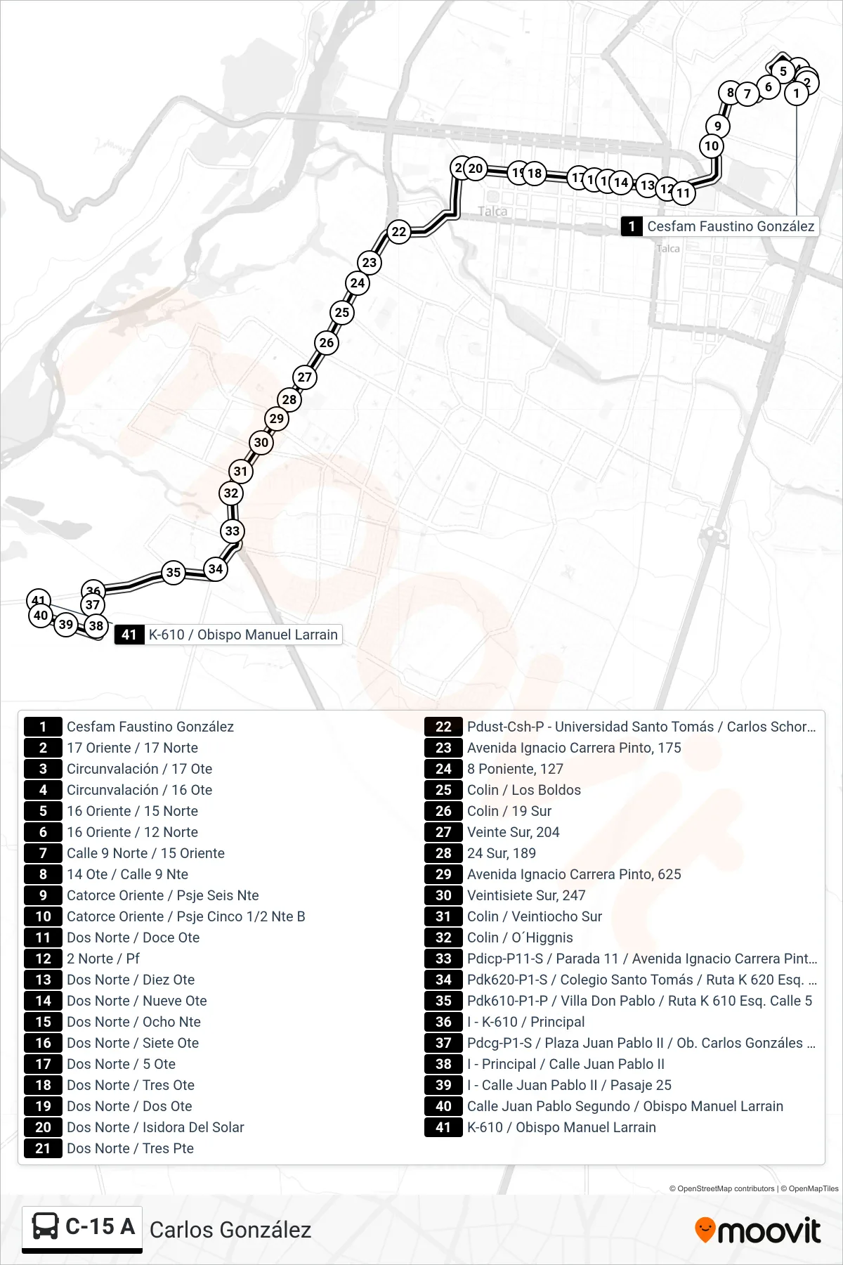 C-15 A bus Line (Carlos González) route and stops on a map