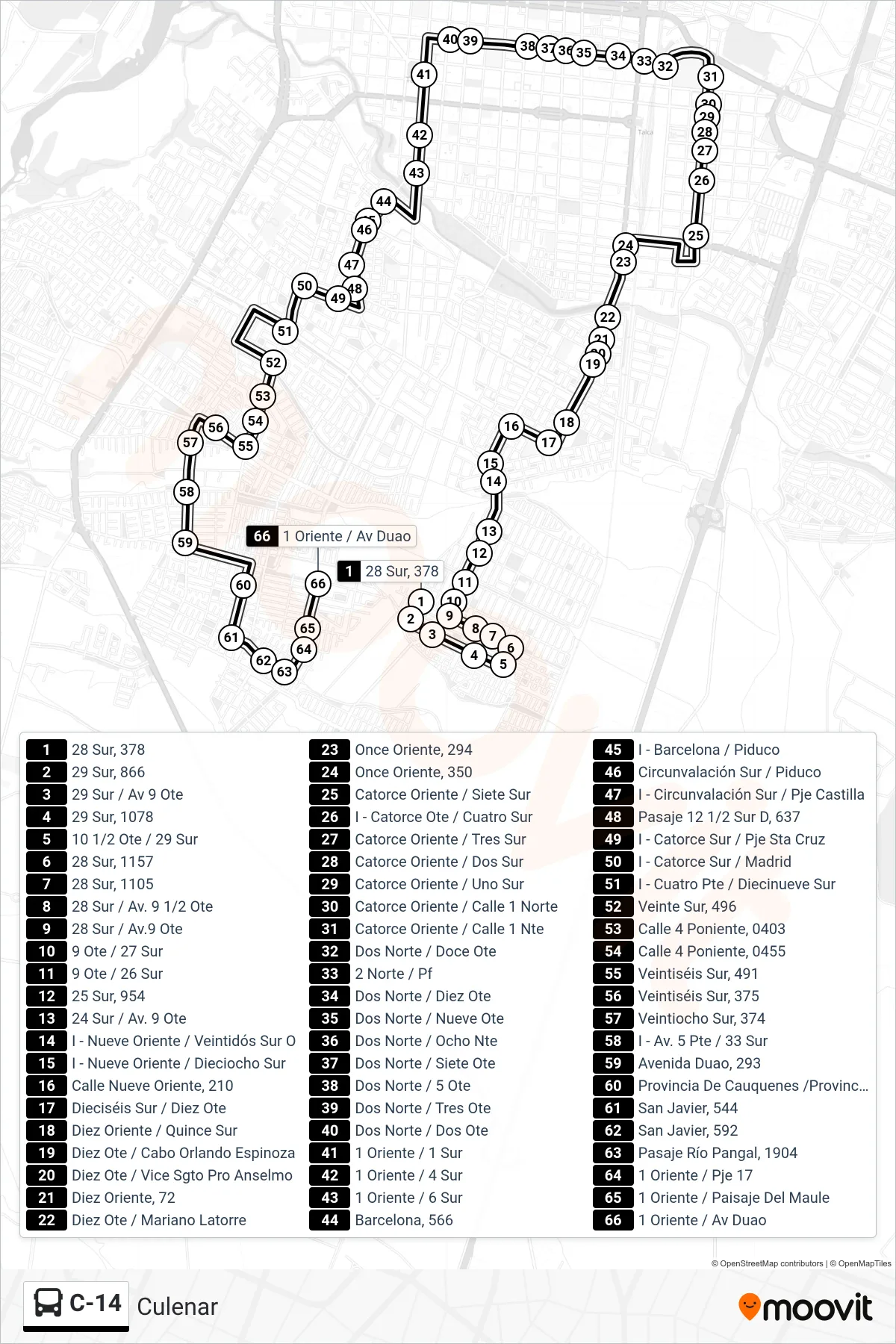 C-14 bus Line (Culenar) route and stops on a map