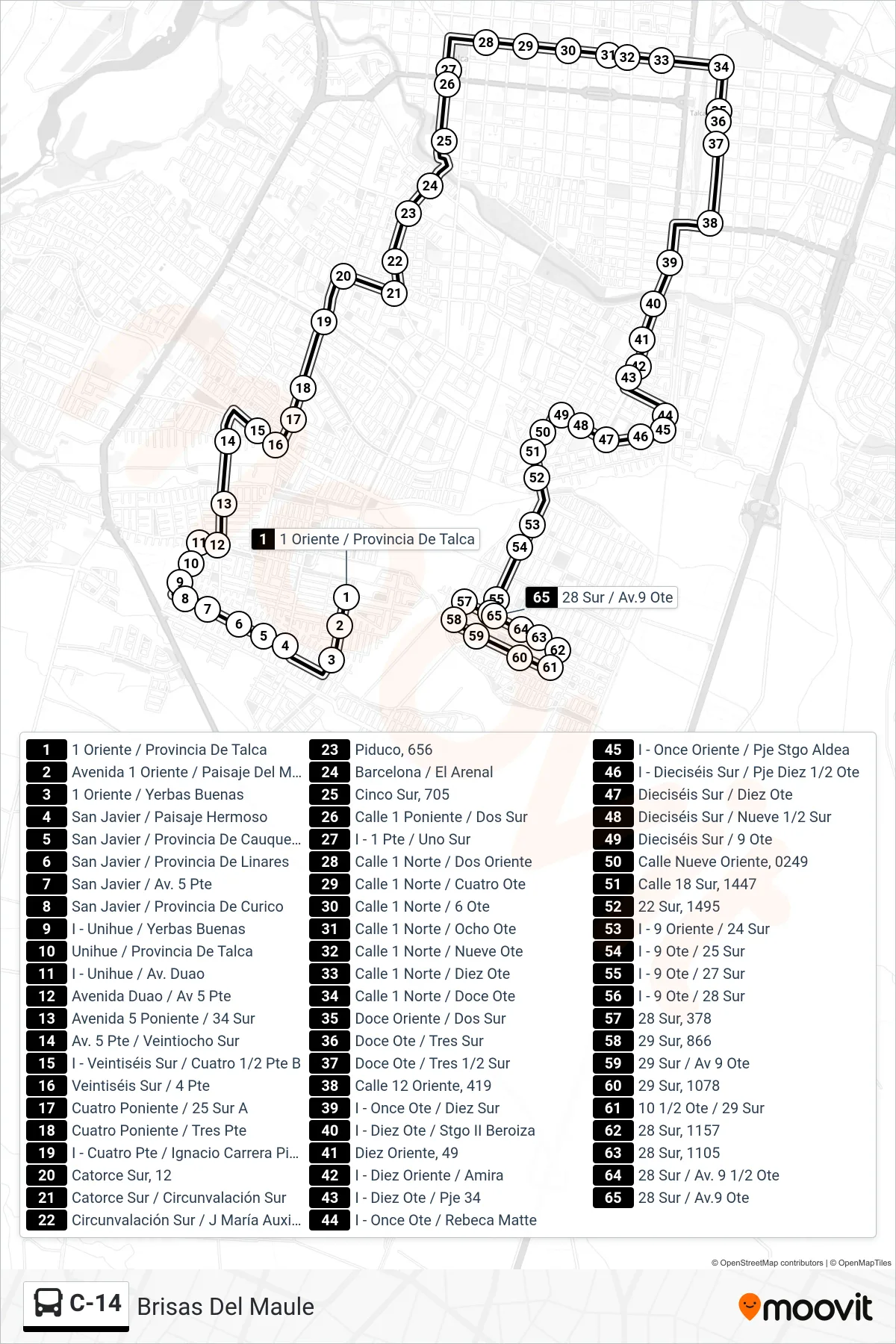 C-14 bus Line (Brisas Del Maule) route and stops on a map