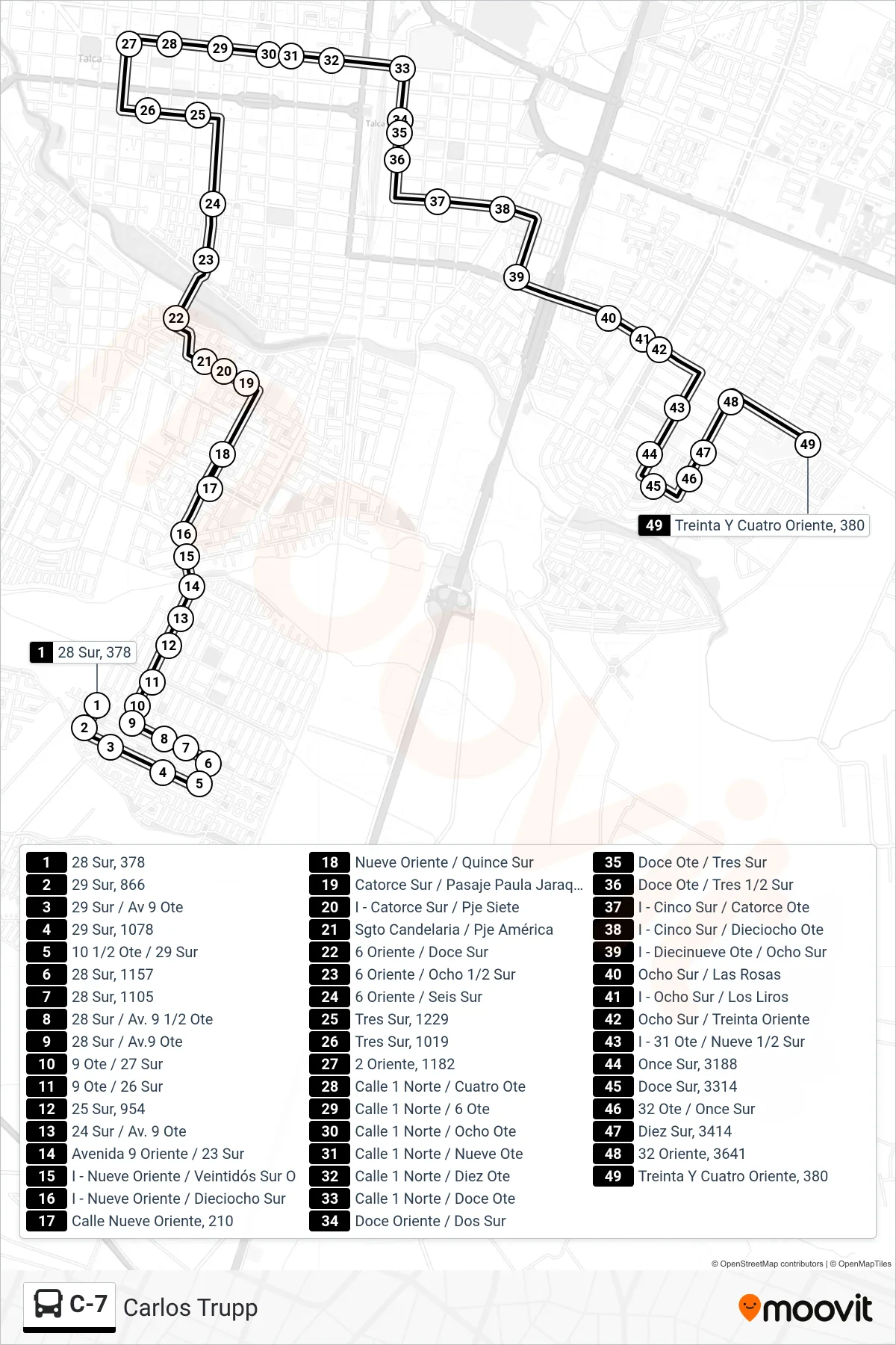 C-7 bus Line (Carlos Trupp) route and stops on a map