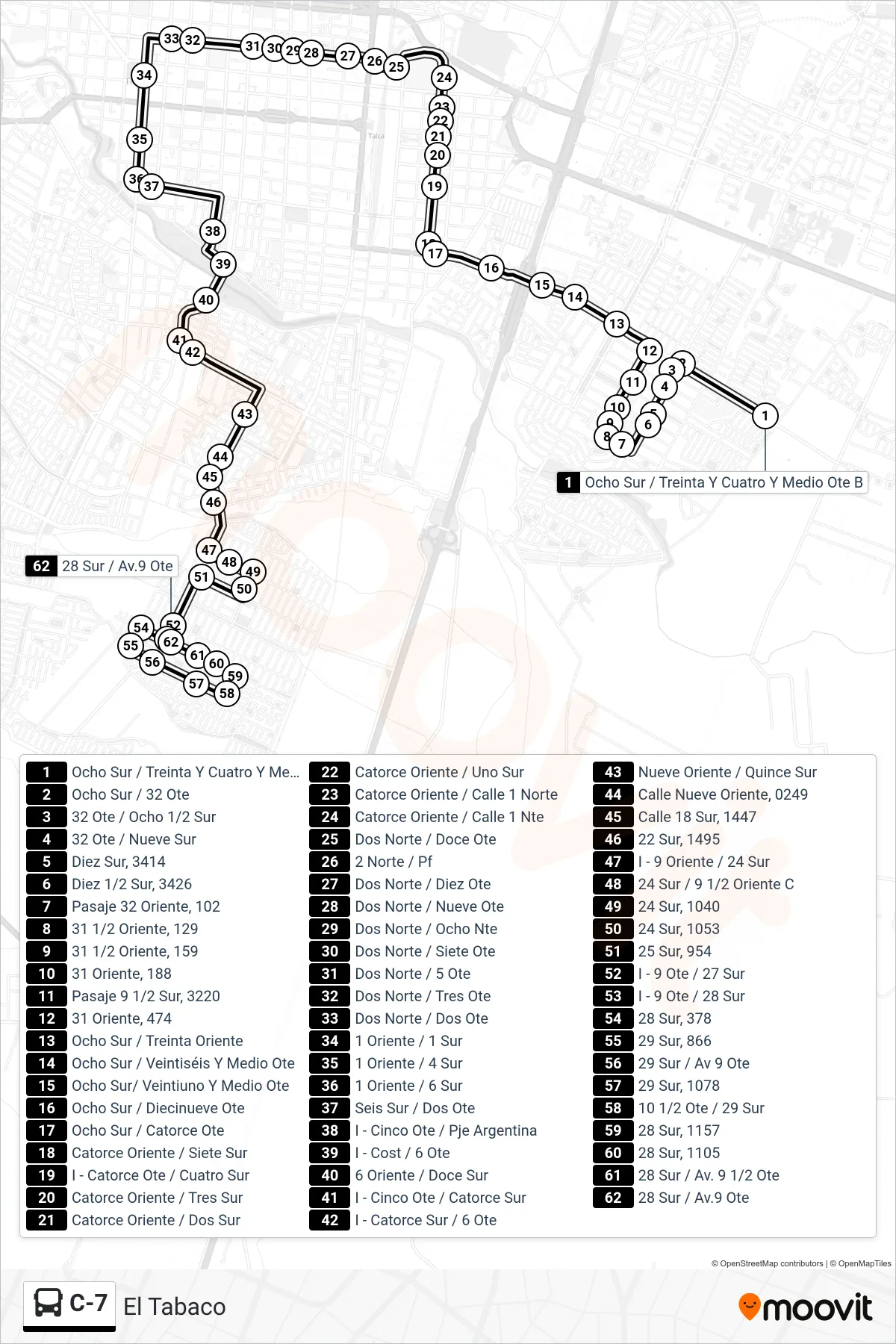C-7 bus Line (El Tabaco) route and stops on a map