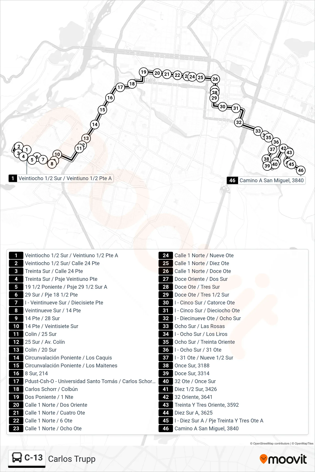 C-13 bus Line (Carlos Trupp) route and stops on a map