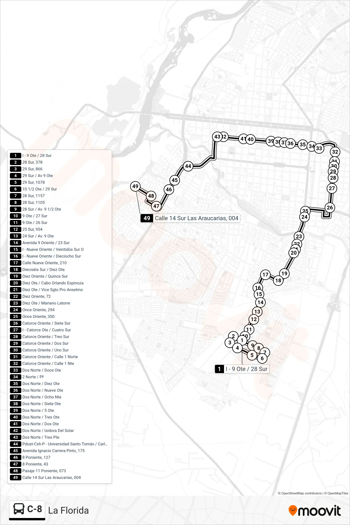 C-8 bus Line (La Florida) route and stops on a map