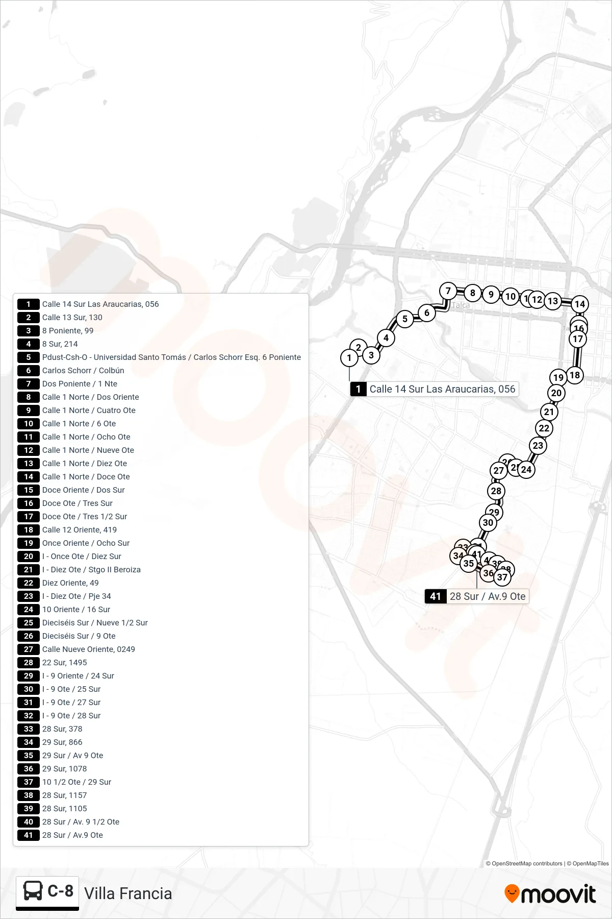 C-8 bus Line (Villa Francia) route and stops on a map