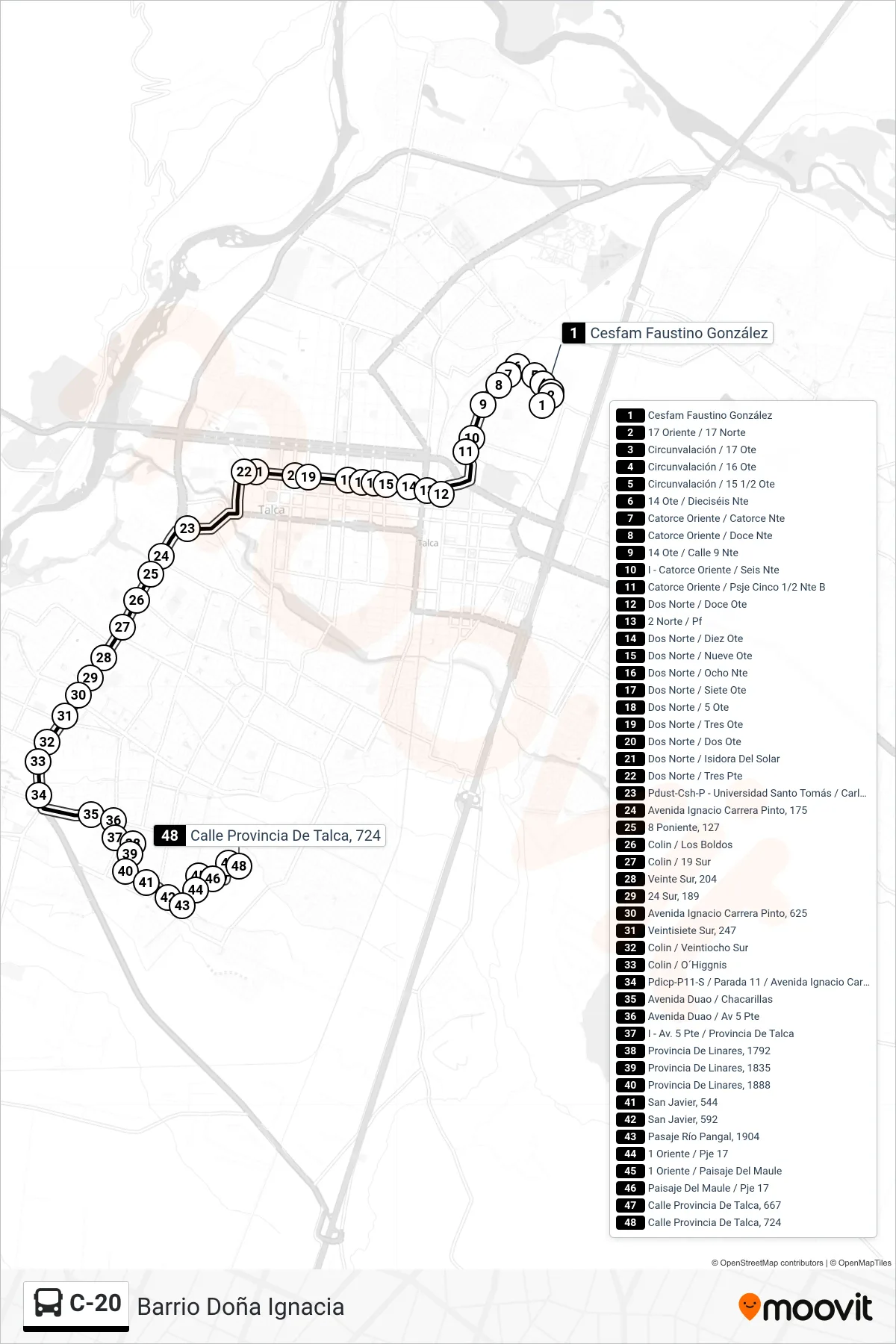 C-20 bus Line (Barrio Doña Ignacia) route and stops on a map