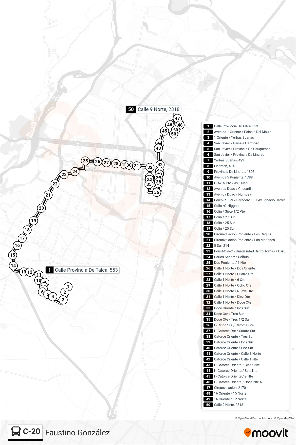 C-20 bus Line (Faustino González) route and stops on a map