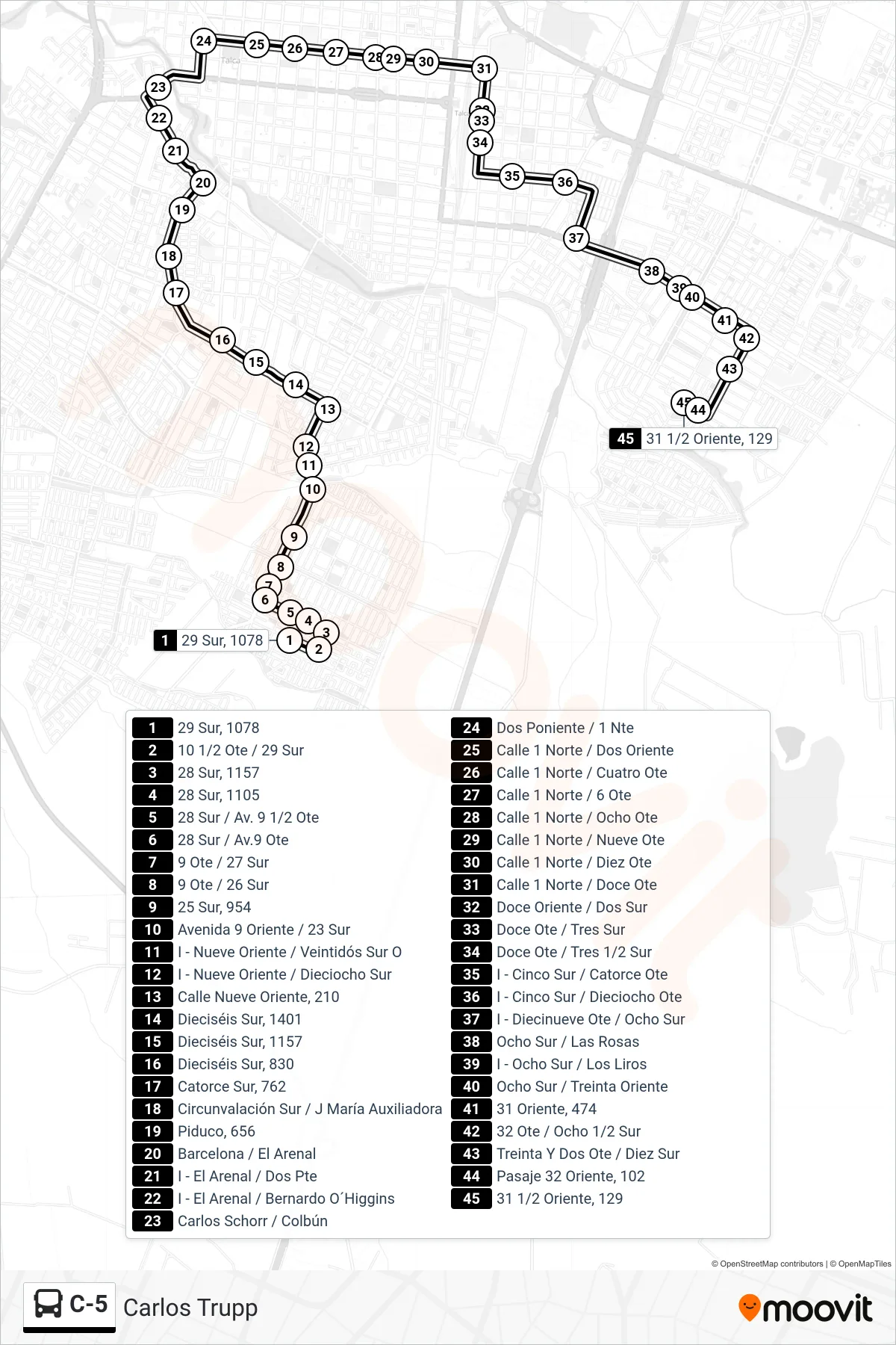 C-5 bus Line (Carlos Trupp) route and stops on a map