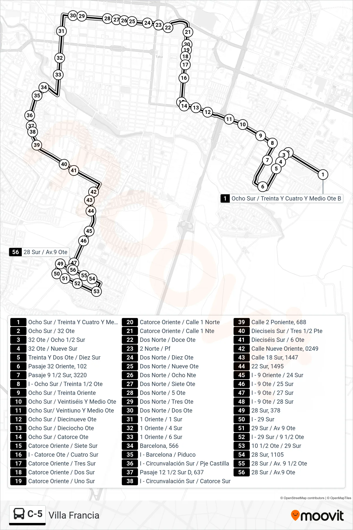 C-5 bus Line (Villa Francia) route and stops on a map