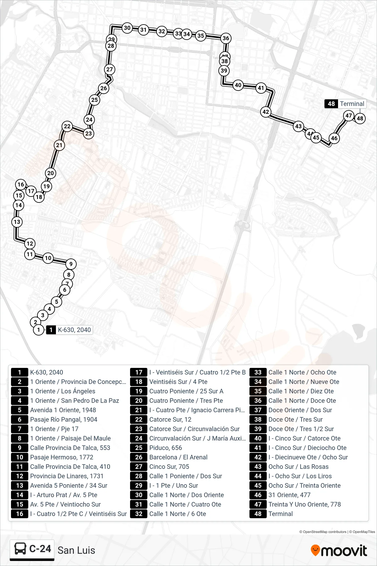 C-24 bus Line (San Luis) route and stops on a map