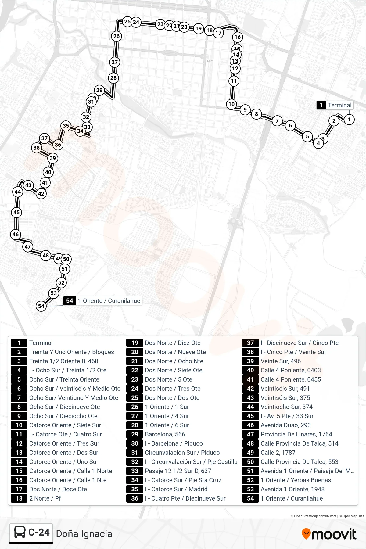 C-24 bus Line (Doña Ignacia) route and stops on a map