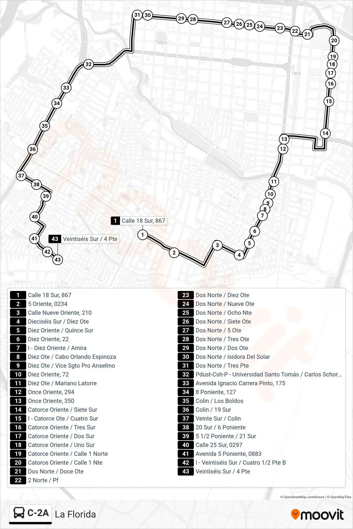 C-2A bus Line (La Florida) route and stops on a map