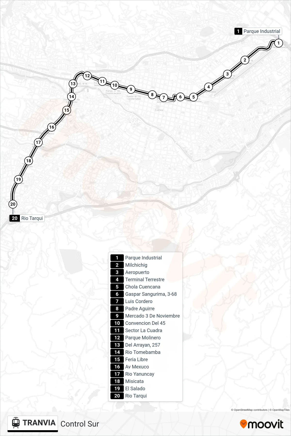 TRANVIA tram Line (Control Sur) route and stops on a map