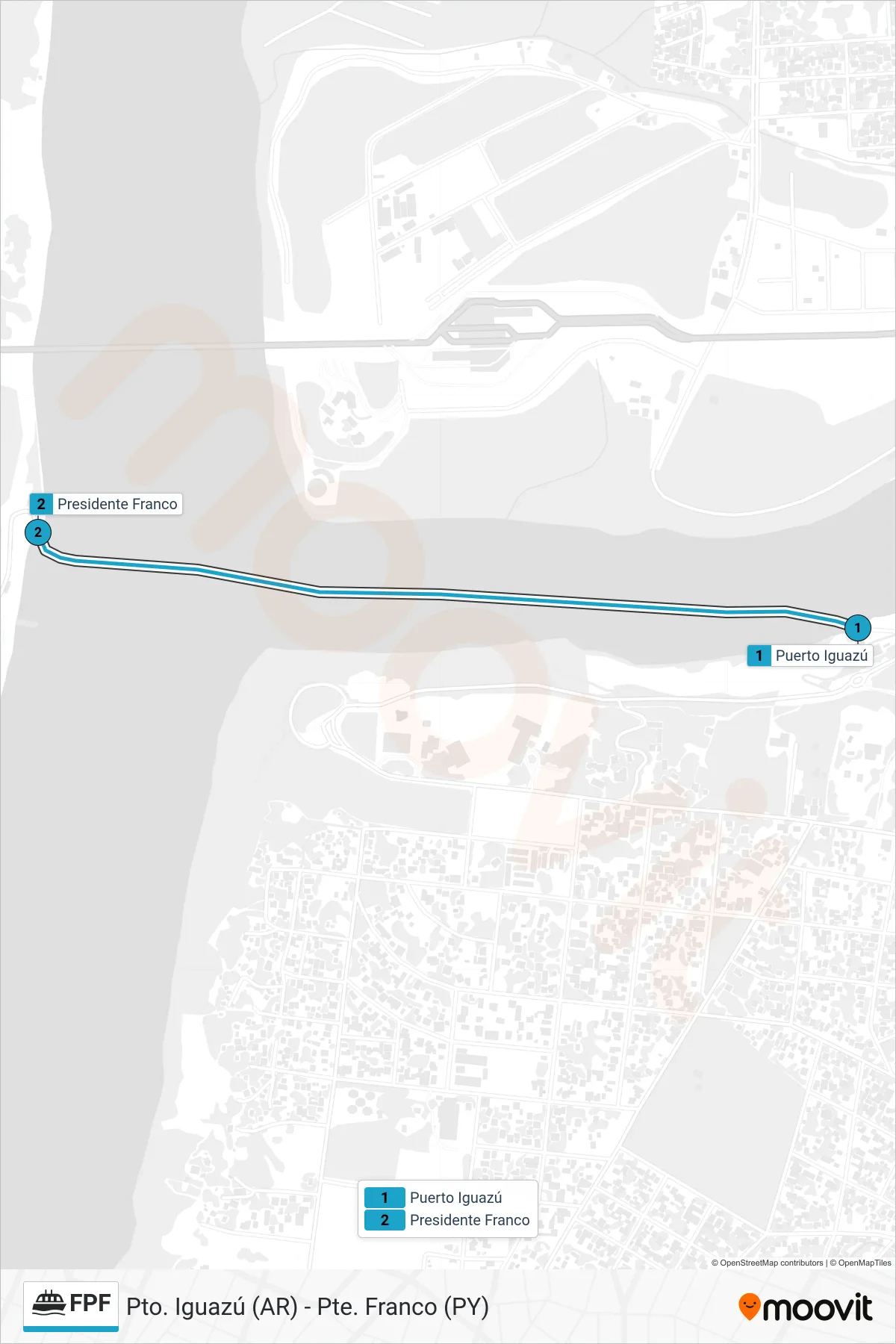 FPF ferry Line (Pto. Iguazú (AR) - Pte. Franco (PY)) route and stops on a map