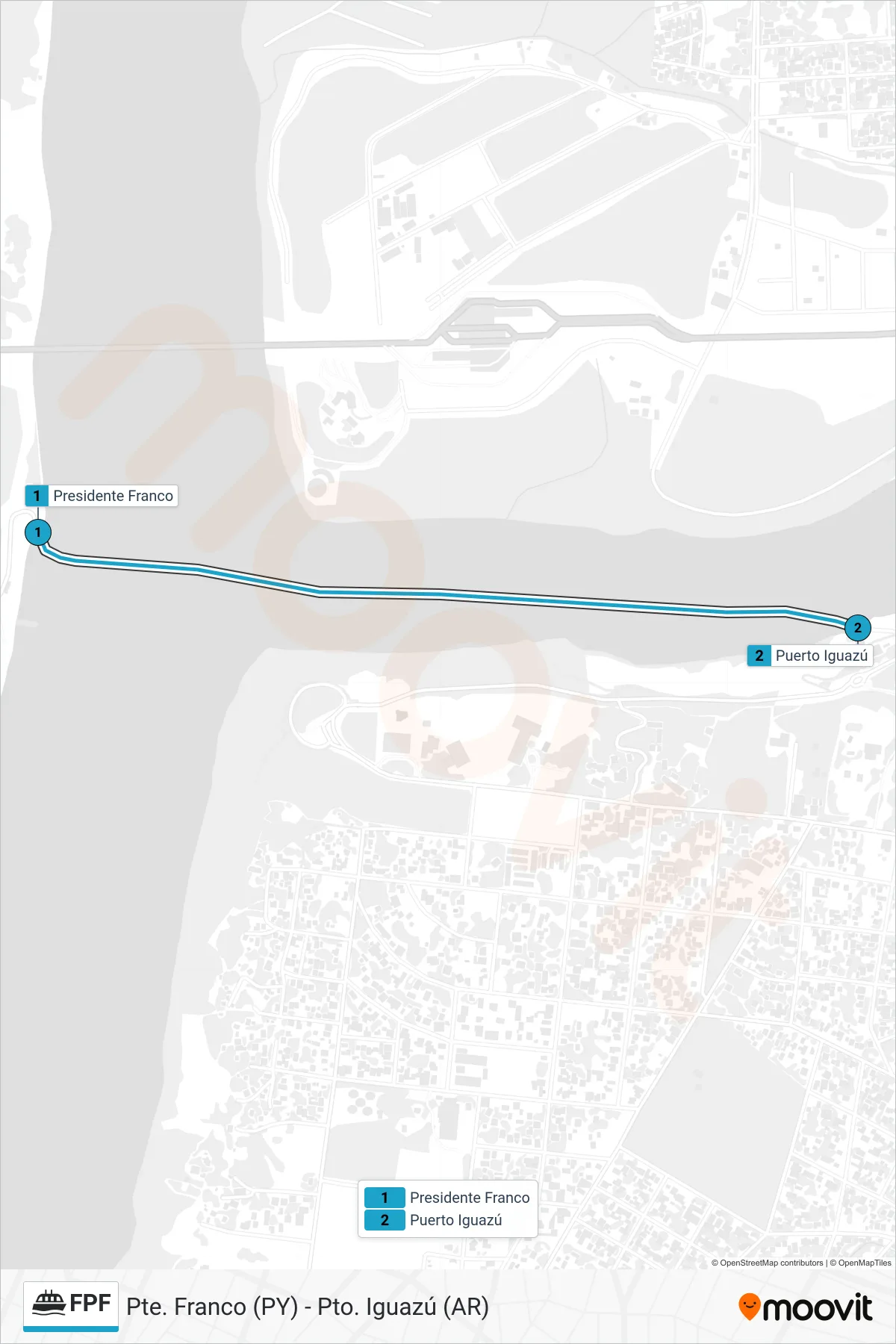 FPF ferry Line (Pte. Franco (PY) - Pto. Iguazú (AR)) route and stops on a map