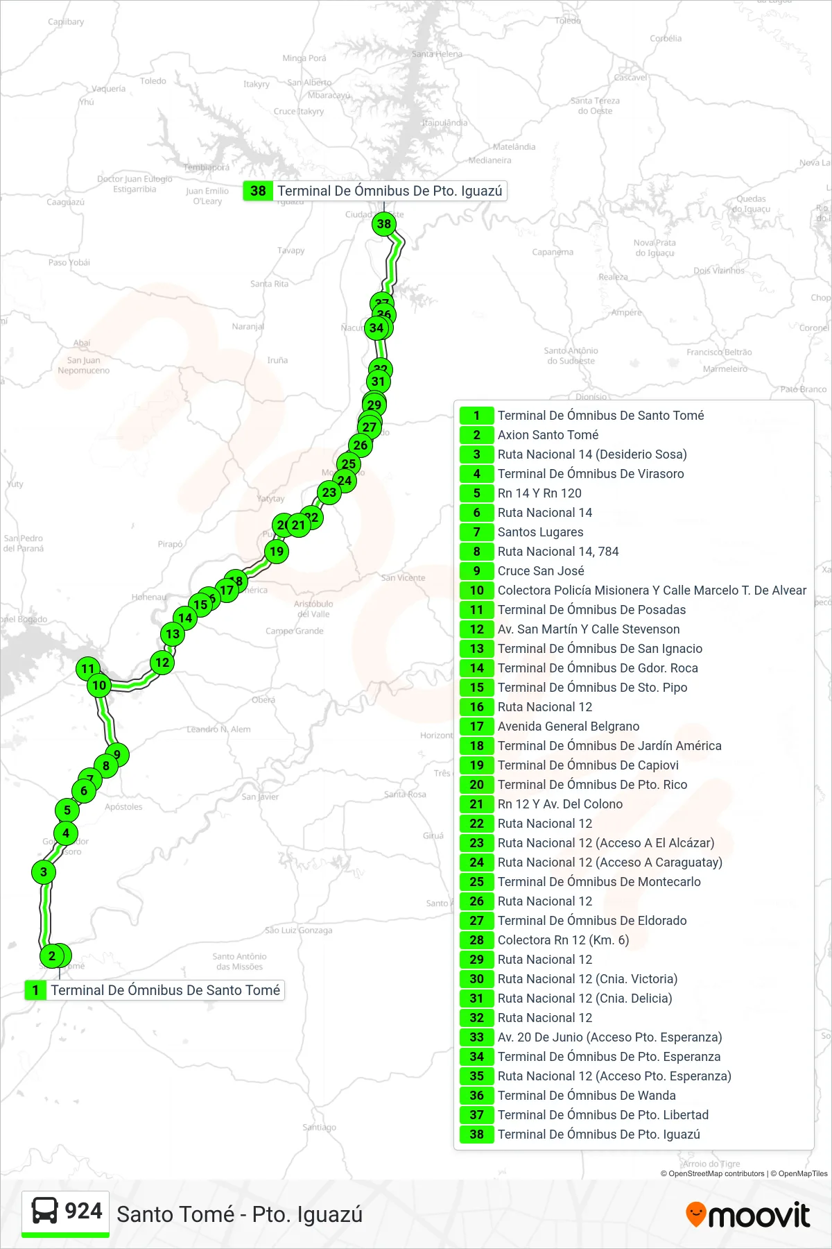 924 bus Line (Santo Tomé - Pto. Iguazú) route and stops on a map