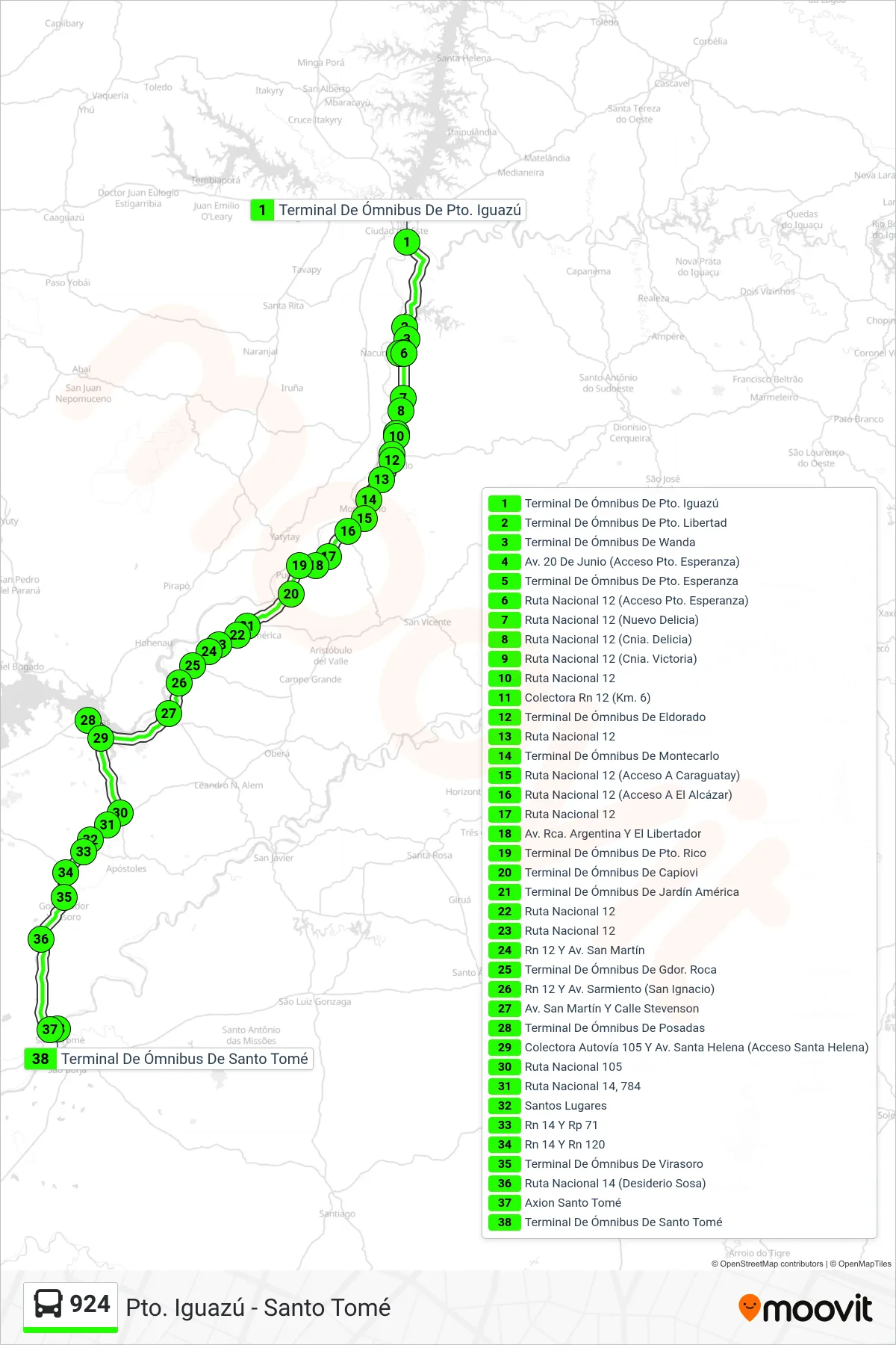 924 bus Line (Pto. Iguazú - Santo Tomé) route and stops on a map