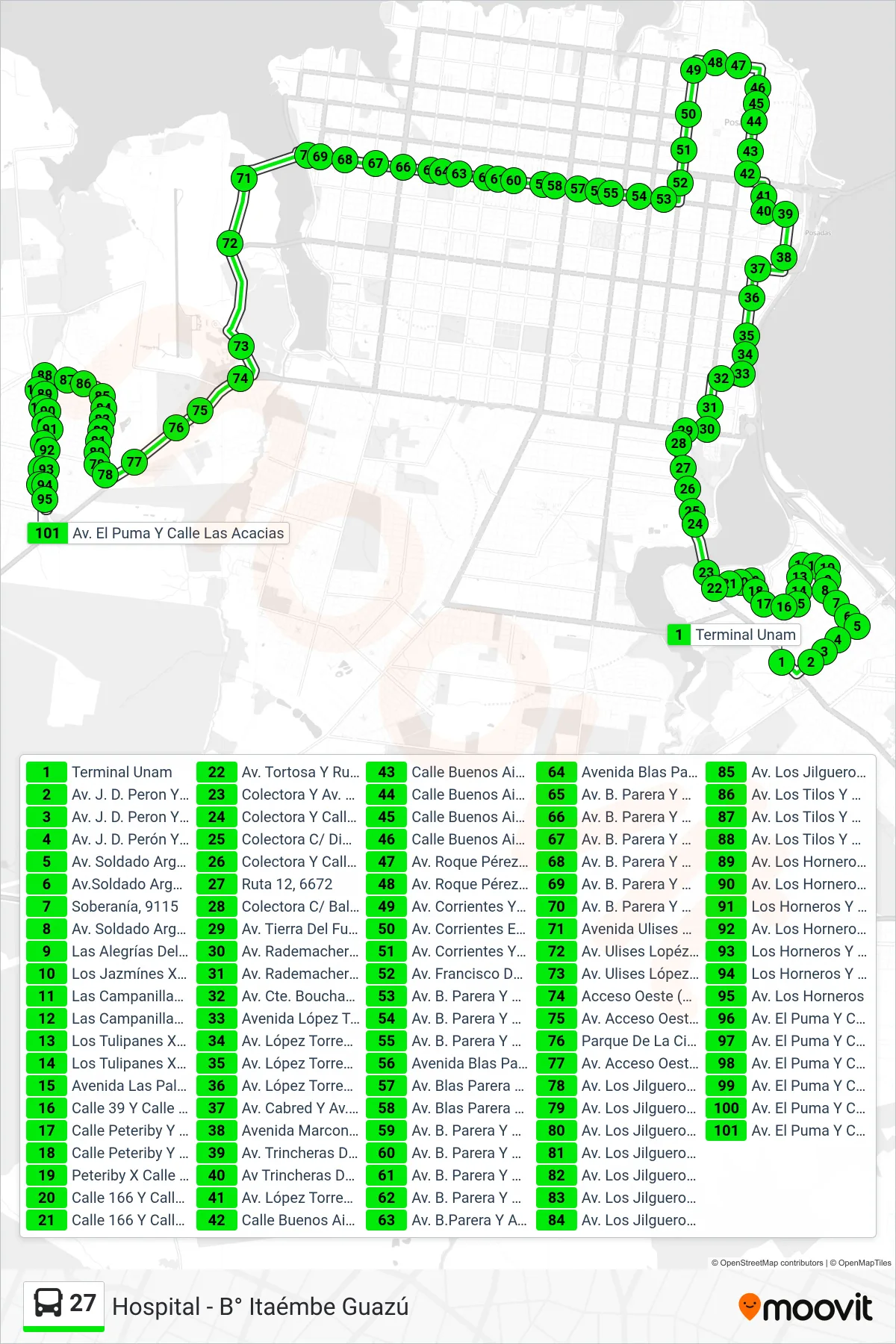 27 bus Line (Hospital - B° Itaémbe Guazú) route and stops on a map
