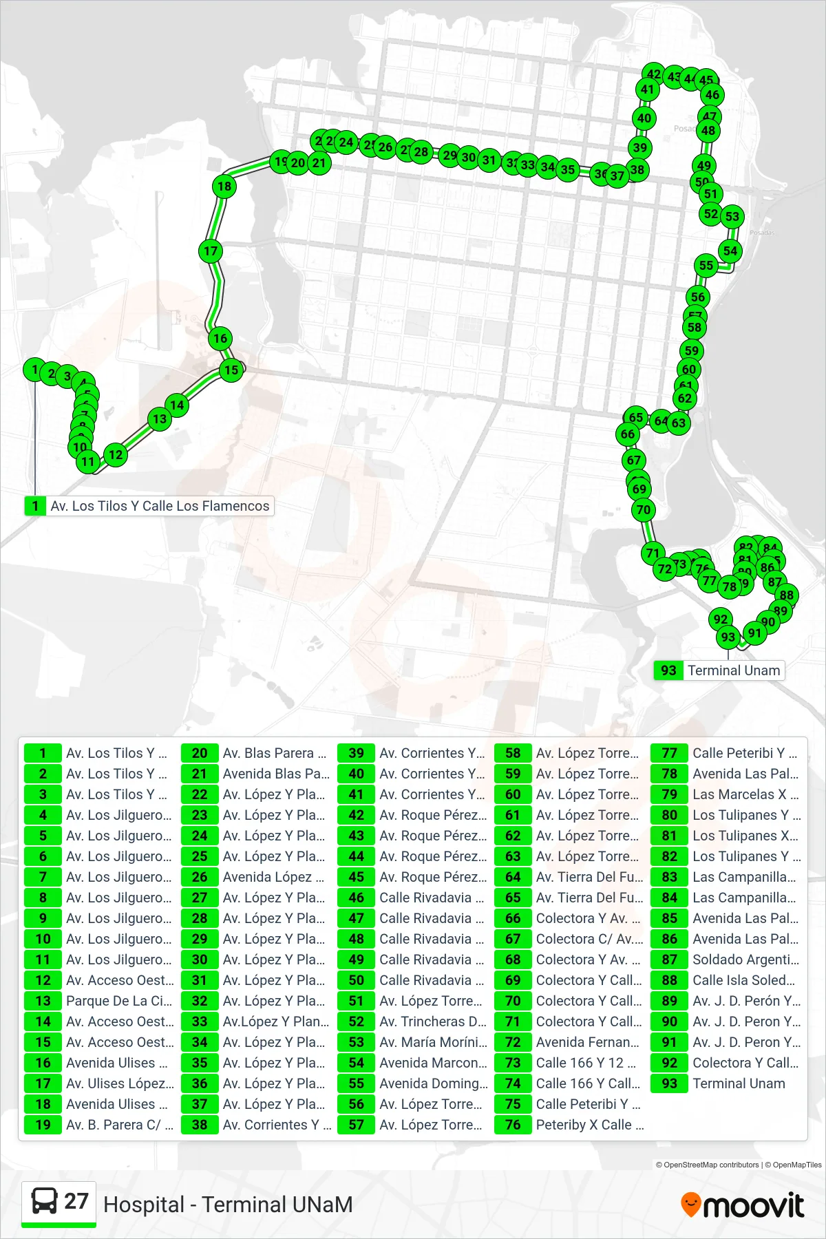 27 bus Line (Hospital - Terminal UNaM) route and stops on a map