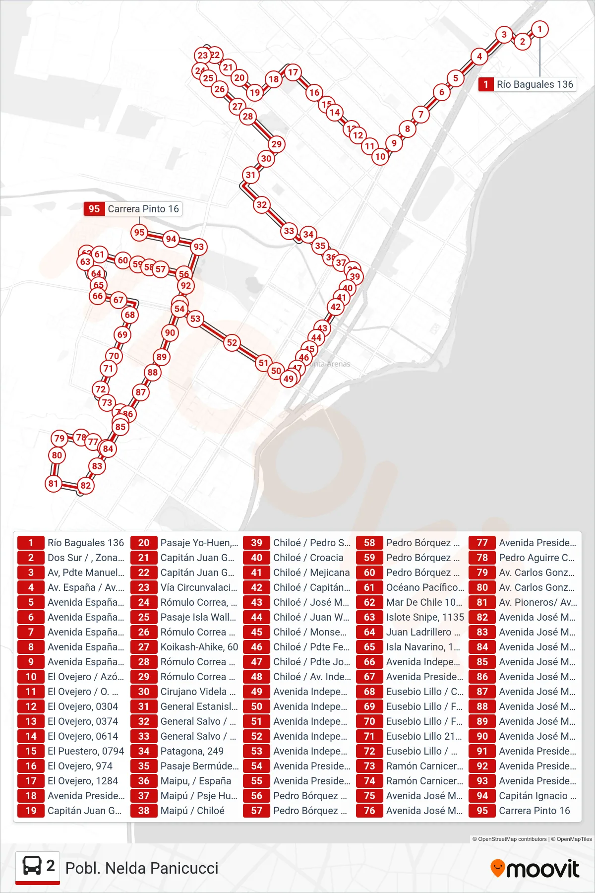 2 bus Line (Pobl. Nelda Panicucci) route and stops on a map