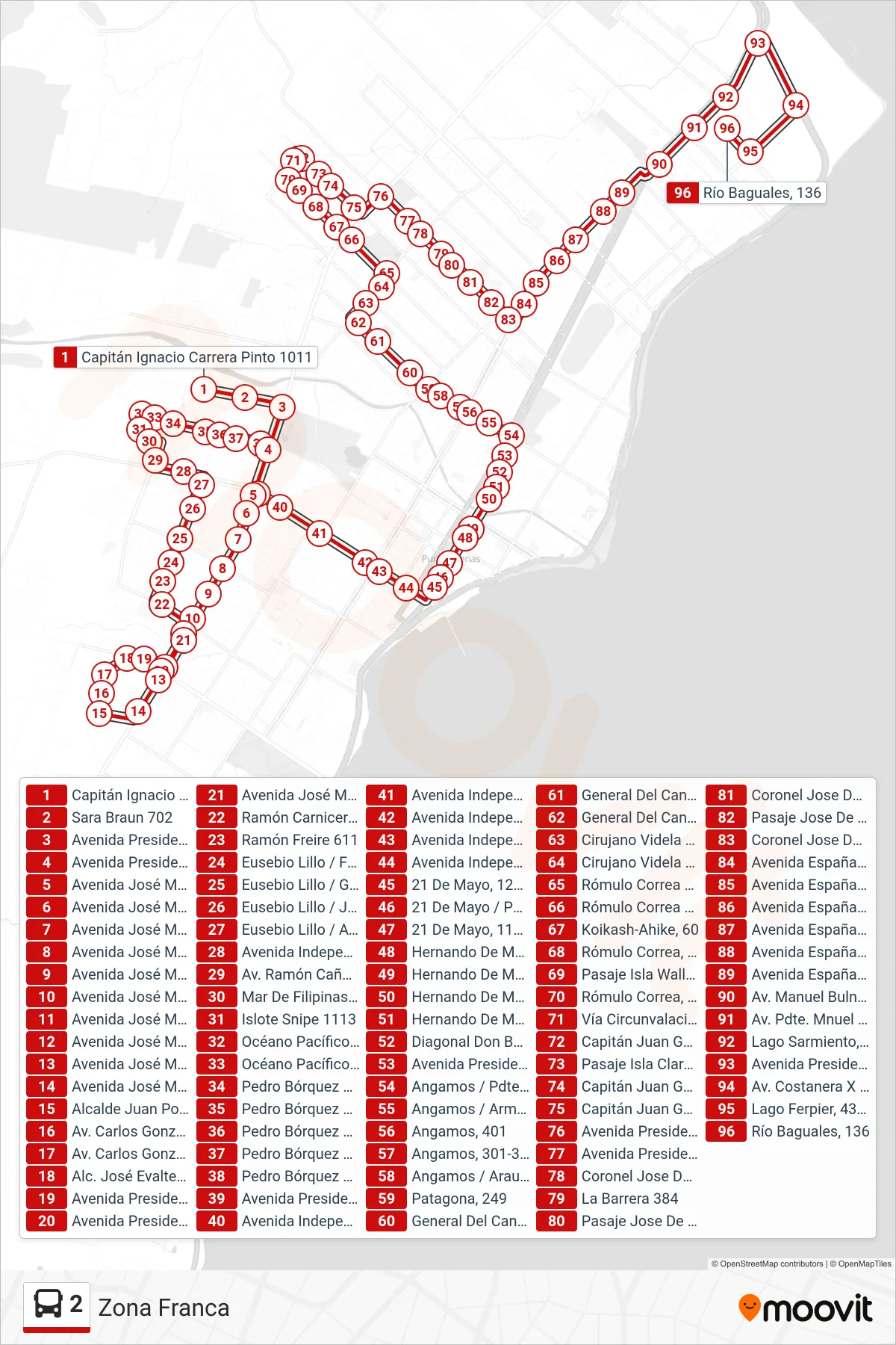 2 bus Line (Zona Franca) route and stops on a map
